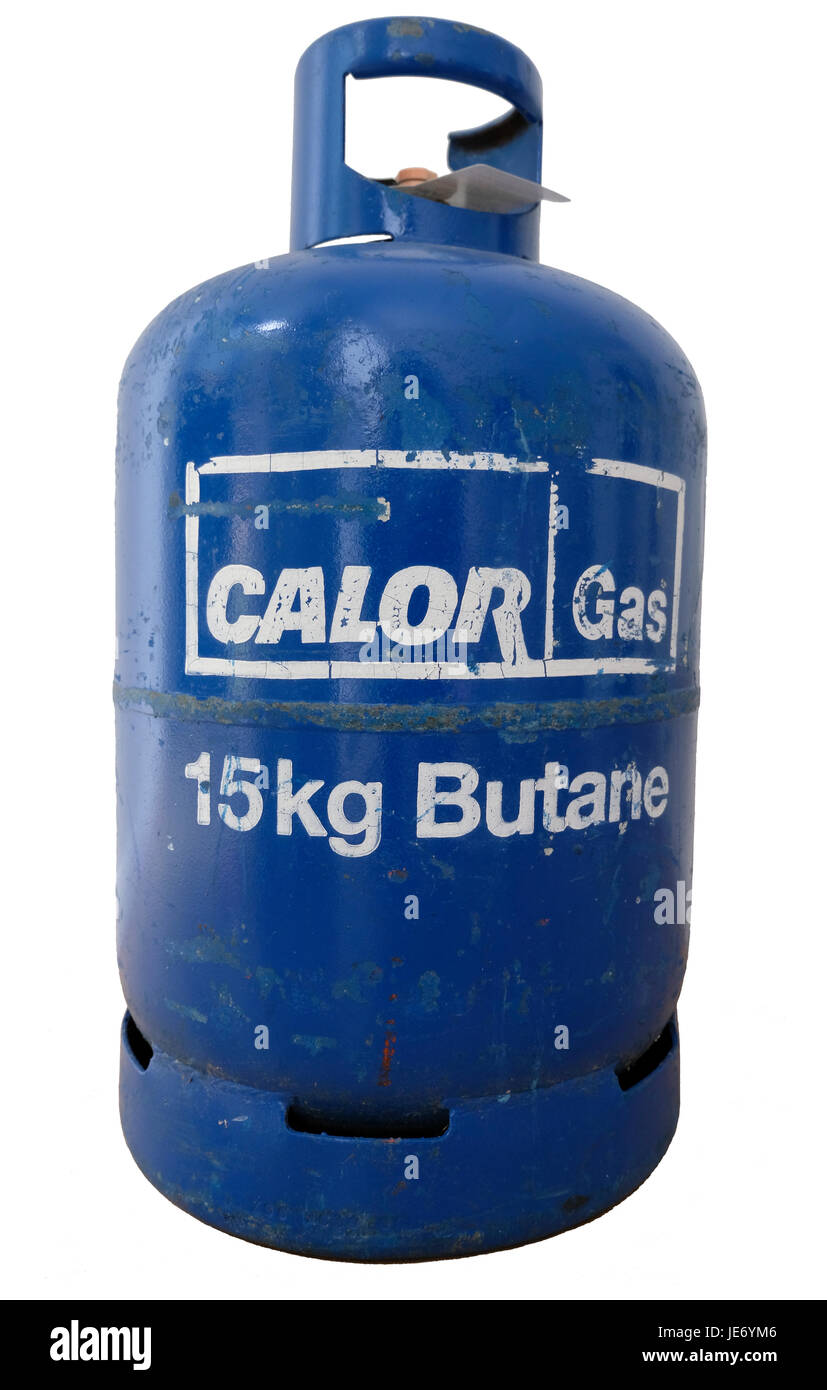 Vuoto azzurro 15kg di butano Bombola Gas su sfondo bianco Foto Stock
