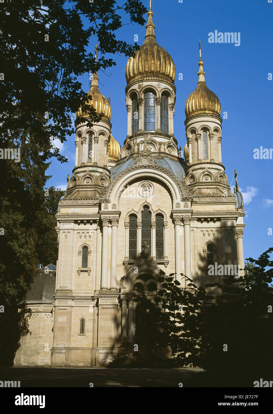 Assia, Wiesbaden, Monte Nero, Santa Elisabetta Kirche, russo-ortodossa, estate, montagna, Hausberg, costruzione sacra, chiesa, struttura, storicamente, chiesa, Russian-Byzantine, tomba chiesa, Grablege, guglie a bulbo, granduchessa, architettura di memoria, dolore, childbed, memoria posizione collinare, luogo di interesse, legno, esterno, Foto Stock