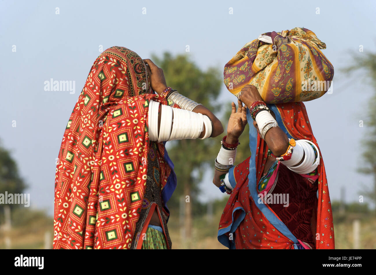 India, Gujarat, due donne in costume nazionale talk, Foto Stock