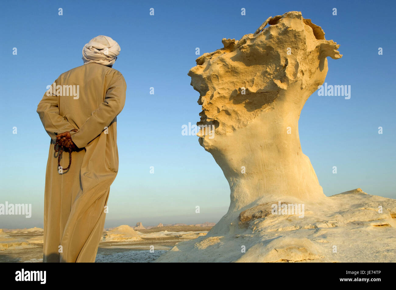 Africa, Egitto, deserto libico, White Desert, locale prima di un pilastro di pietra, vista posteriore, Foto Stock