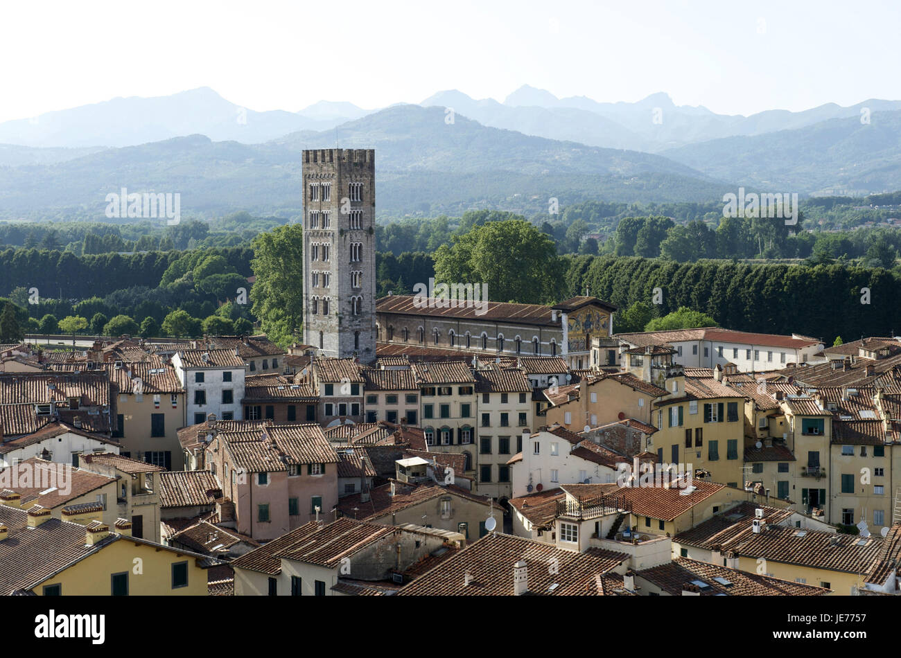 L'Italia, Toscana, vista su Lucca con la chiesa di San Frediano in montagna Foto Stock