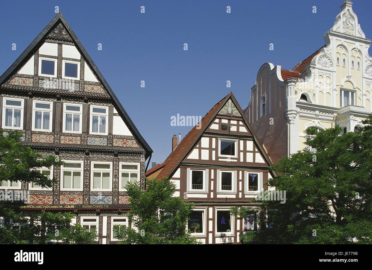 In Germania, in Renania settentrionale-Vestfalia, Detmold e Long Street, Teutoburger legno, Old Town, vista città, quadrato, luogo di interesse, strutture storicamente, architettura, costruzione, case, case, edifici con travi in legno, in legno e muratura, semi-case con travi di legno, montaggio di arte ornamentale, Weser Renaissance, Foto Stock