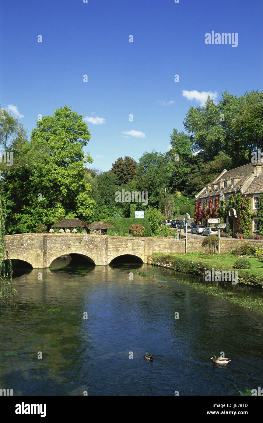 Gran Bretagna, Inghilterra, Gloustershire, Cotswolds, Bibury, il ponte sul fiume, Europa, destinazione, città, città di provincia, città provinciale idillio, case, case, architettura, alberi, boschi di latifoglie, estate, all'esterno, deserte, Brook, acqua, anatre, Foto Stock