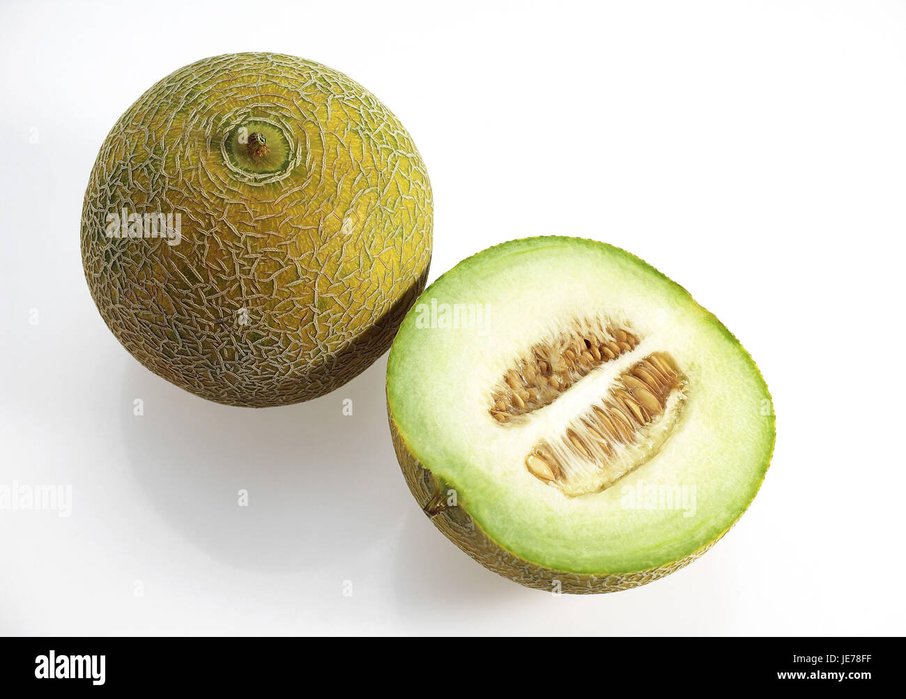 Giallo melone Canarie, anche giallo melone Honeydew, Amarillo, Tendral Amarillo, zucchero melone, Cucumis melo, sfondo bianco Foto Stock