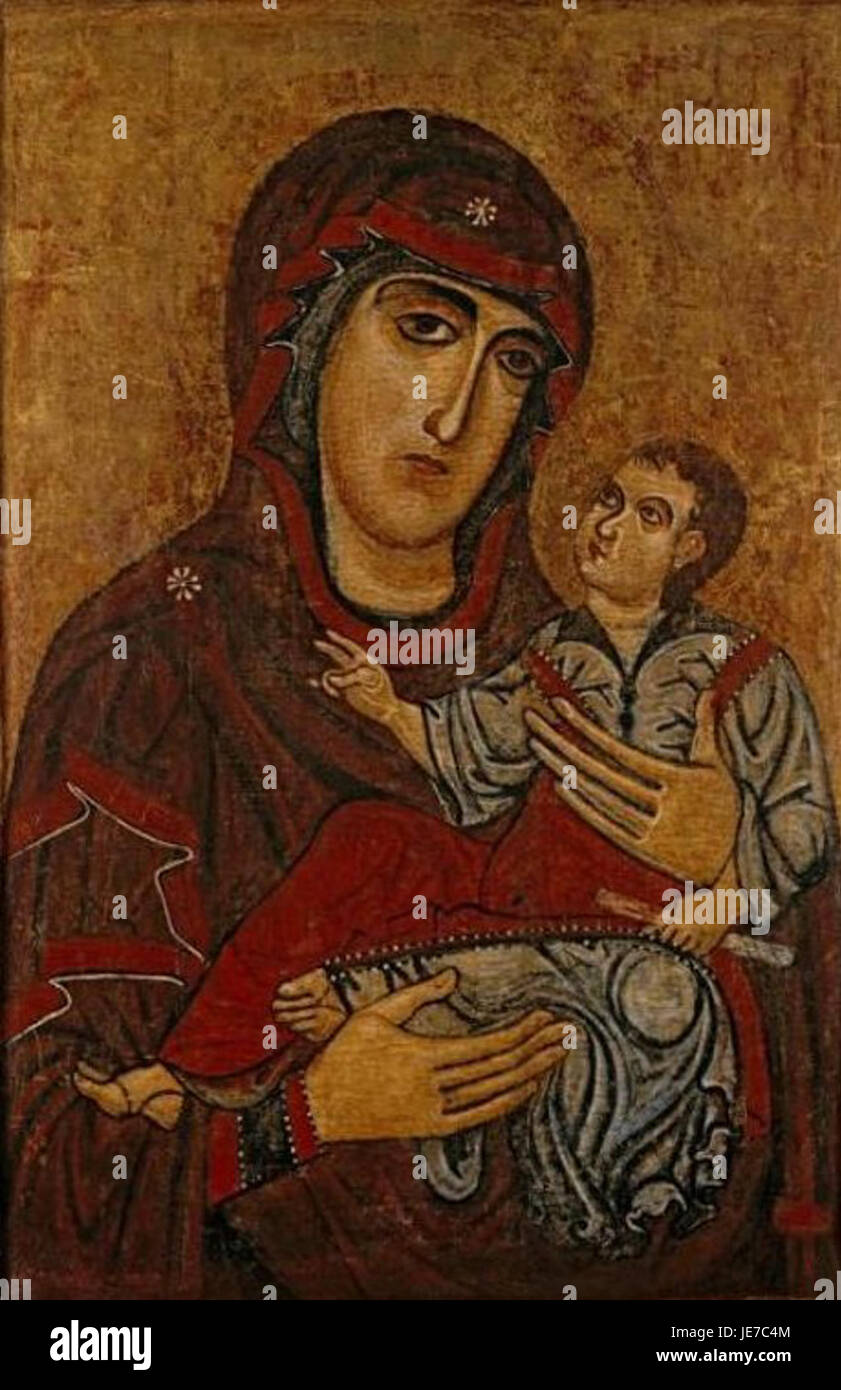 "Madonna col bambino" è un dipinto a tempera e oro su tavola di un anonimo maestro della scuola di Lucca, creato intorno al 1200. L'opera raffigura la Vergine Maria con Gesù bambino, un tema comune nell'arte religiosa medievale. Foto Stock "Madonna col bambino" è un dipinto a tempera e oro su tavola di un anonimo maestro della scuola di Lucca, creato intorno al 1200. L'opera raffigura la Vergine Maria con Gesù bambino, un tema comune nell'arte religiosa medievale. Foto Stock
