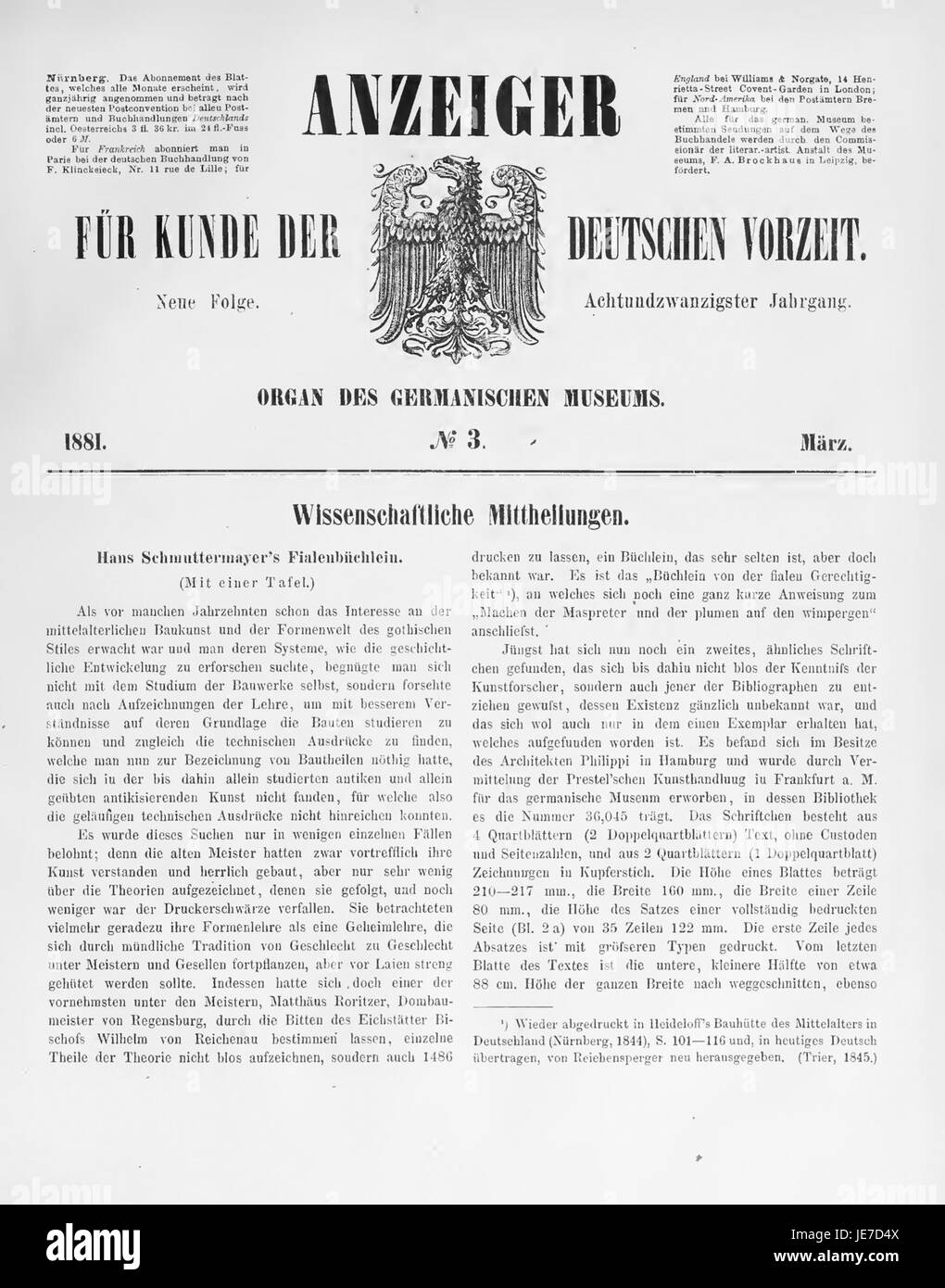 "Anzeiger für die Kunde deutscher Vorzeit" era un giornale incentrato sulla storia e l'archeologia delle antiche tribù germaniche e del loro patrimonio culturale. L'edizione 1881 fornisce preziose informazioni sul periodo preistorico, documentando reperti archeologici, antiche usanze e interpretazioni storiche da una prospettiva tedesca. Foto Stock