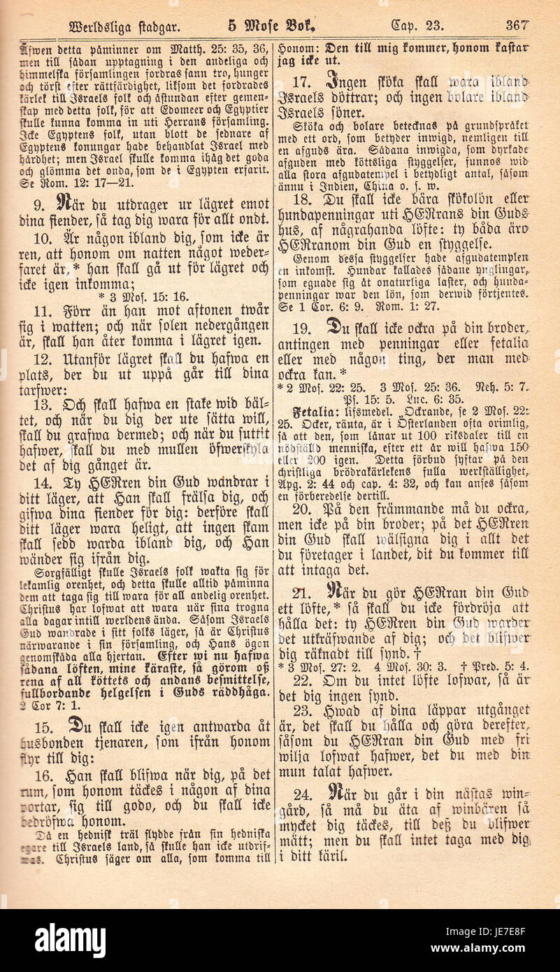 La "Biblia Fjellstedt i" è un'edizione del 1890 della Bibbia, nota per le sue illustrazioni dettagliate e il suo significato storico. Questa versione della Bibbia presenta testi sia dell'Antico che del nuovo Testamento, accompagnati da opere d'arte. Foto Stock