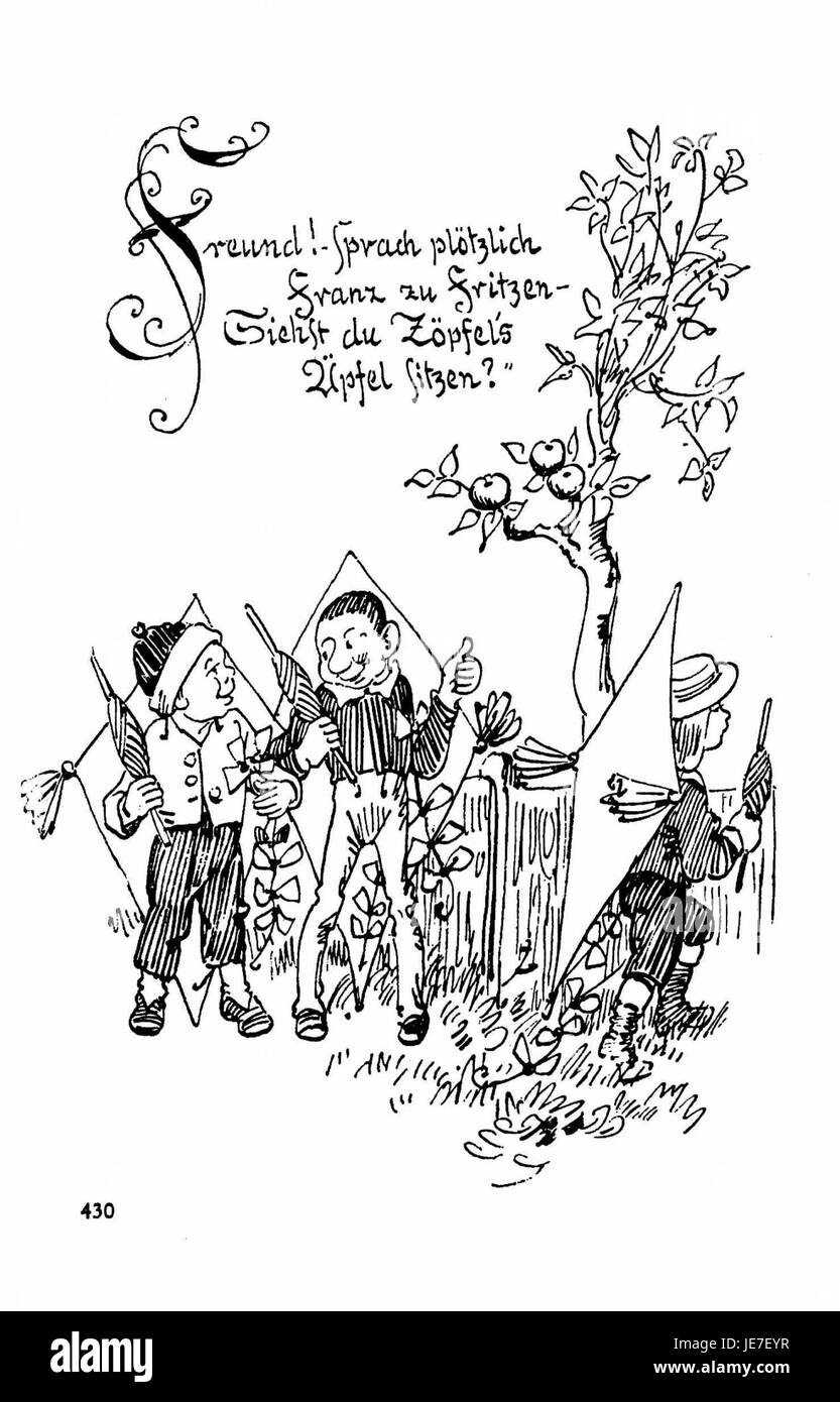 Questa pagina di 'Busch Werke', volume 3, pagina 428, presenta altre illustrazioni e incisioni di Heinrich Busch, fornendo una storia visiva di eventi e scene della cultura tedesca del XIX secolo. Foto Stock