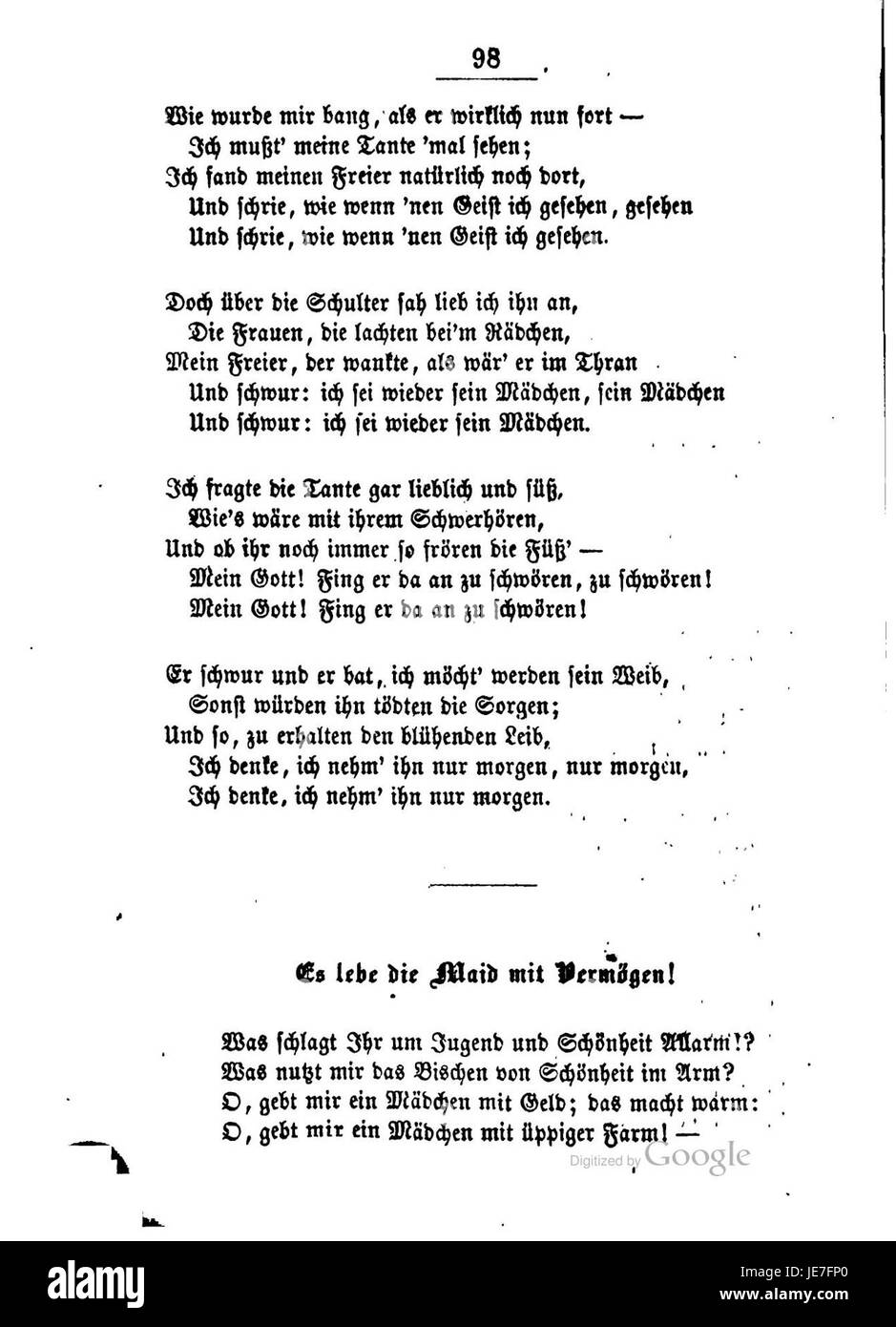 Burns Lieder und Balladen, pagina 98, da una raccolta di poesie e ballate del poeta scozzese Robert Burns, che enfatizza i temi dell'amore, della natura e della cultura scozzese. Foto Stock
