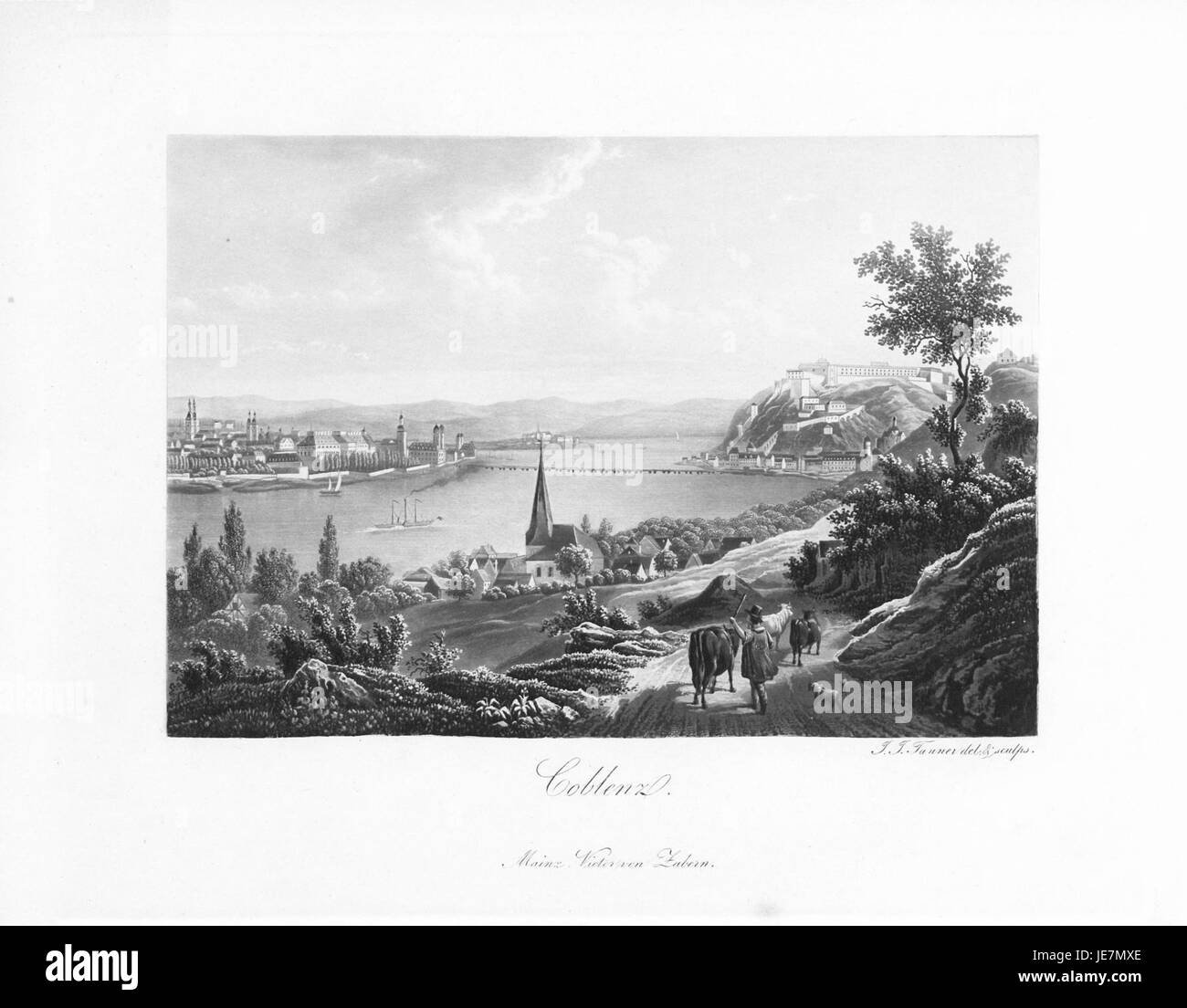 "Andenken an den Rhein" è un dipinto storico creato nel 1840, che rappresenta il fiume Reno, un simbolo della cultura e del patrimonio tedesco, catturando la bellezza paesaggistica e il significato culturale del fiume. Foto Stock