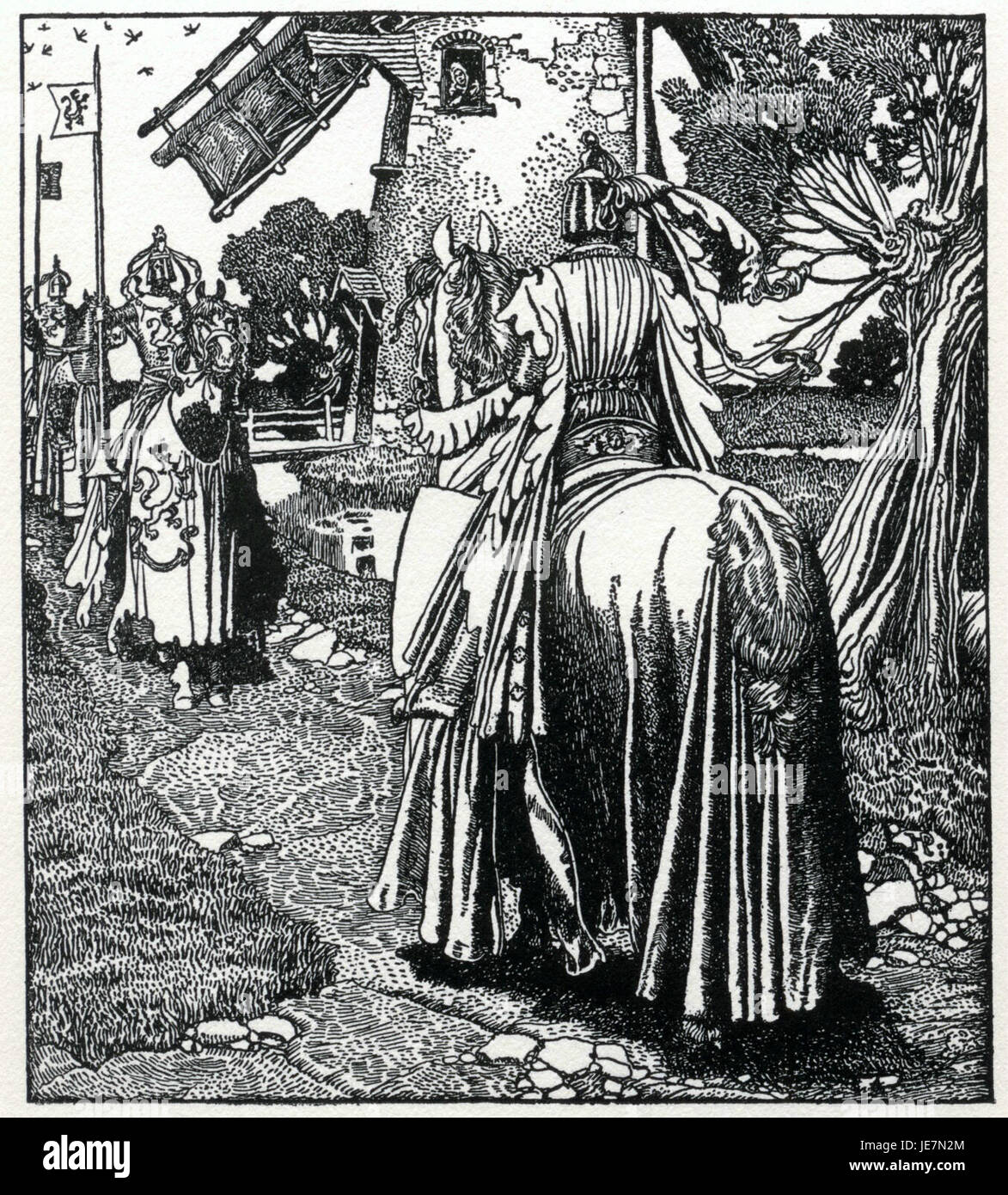 Il dipinto di Arthur Pyle, The White Champion, raffigura un momento in cui un cavaliere incontra altri due cavalieri in un mulino. La scena trasmette un ambiente medievale con attenzione all'armatura storica e all'architettura. Foto Stock
