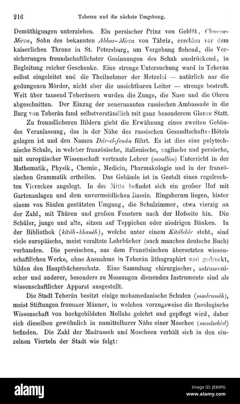Una pagina del libro "Reise nach Persien" di Heinrich Brugsch, che descrive i suoi viaggi in Persia nel XIX secolo e le sue osservazioni sulla regione. Foto Stock