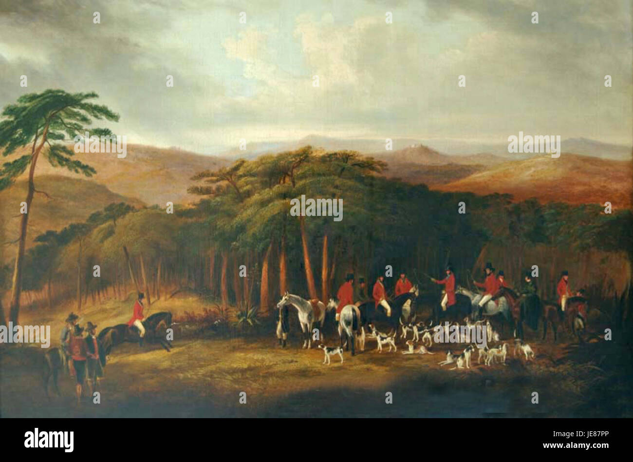 Il dipinto "Calpe Hunt" di George Cole raffigura una scena di caccia con cani e cavalieri, catturando il tradizionale sport britannico della caccia con particolare attenzione all'azione e alla natura. Foto Stock