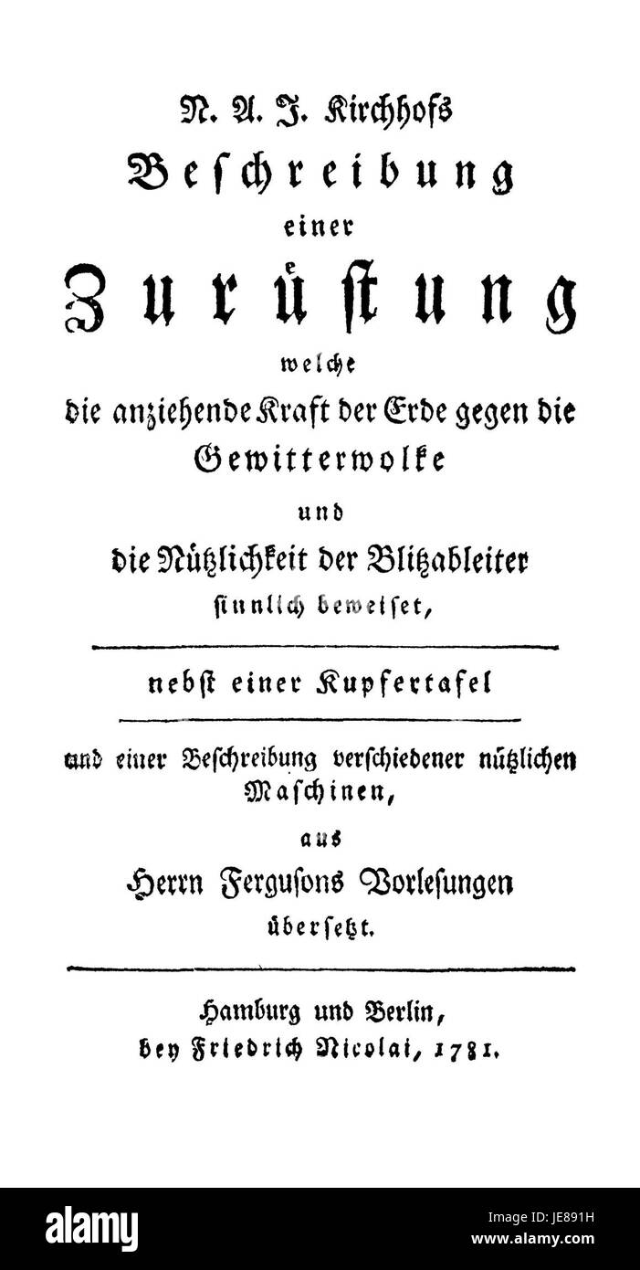 Questo si riferisce a un'opera di Nicolai intitolata "Blitzableiter" (fulmine), che probabilmente discute lo sviluppo o la storia delle fulmini e il loro impatto sulla sicurezza e la tecnologia, forse da una prospettiva ingegneristica o scientifica. Foto Stock