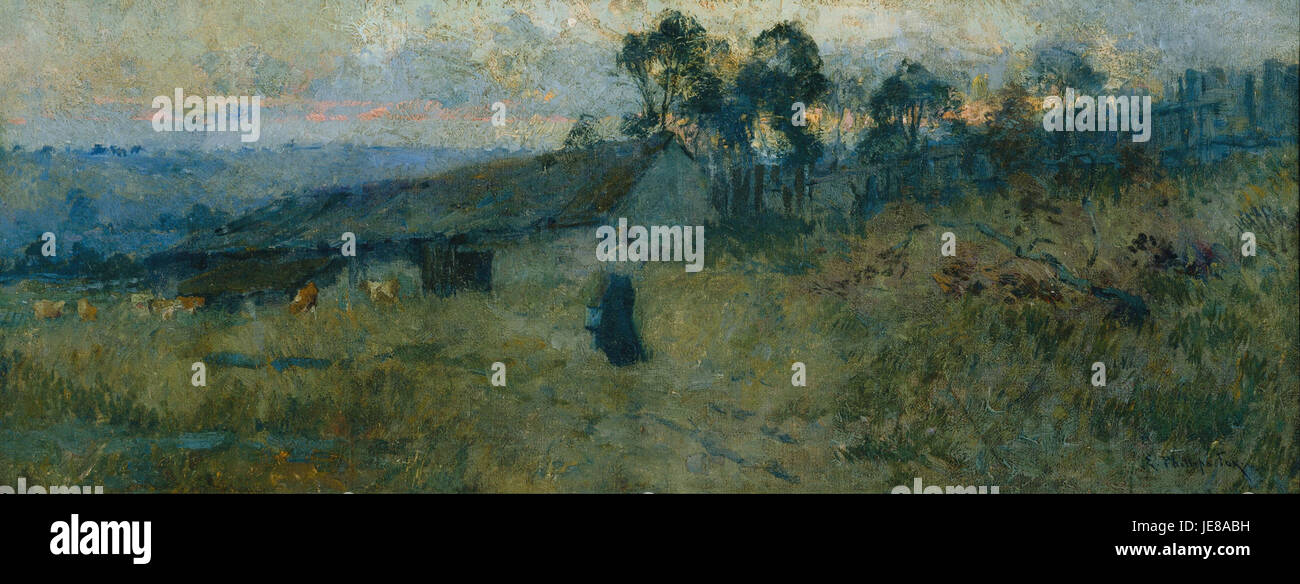 "The Milking Shed", un dipinto di E. Phillips Fox, cattura la vita rurale in Australia, concentrandosi su una scena di mungitura. Le opere d'arte riflettono il legame di Fox con i paesaggi australiani e le scene di tutti i giorni. Foto Stock