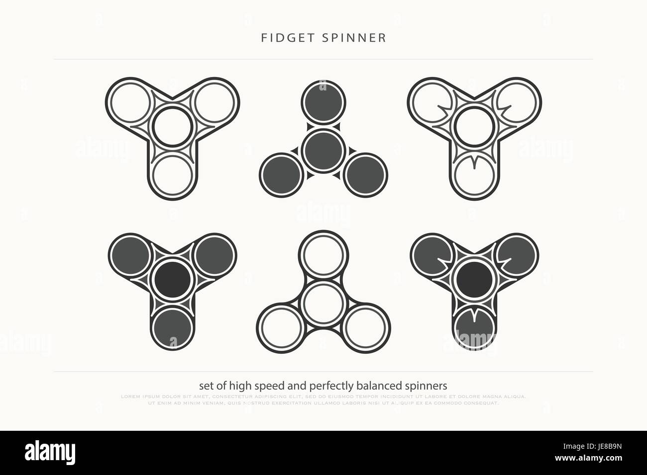 Set di moda agitano: spinner icone. vettore giocattolo contemporaneo design. Relax rullo a mano logo. hobby e divertente oggetto di rotazione. Attenzione, relie Illustrazione Vettoriale