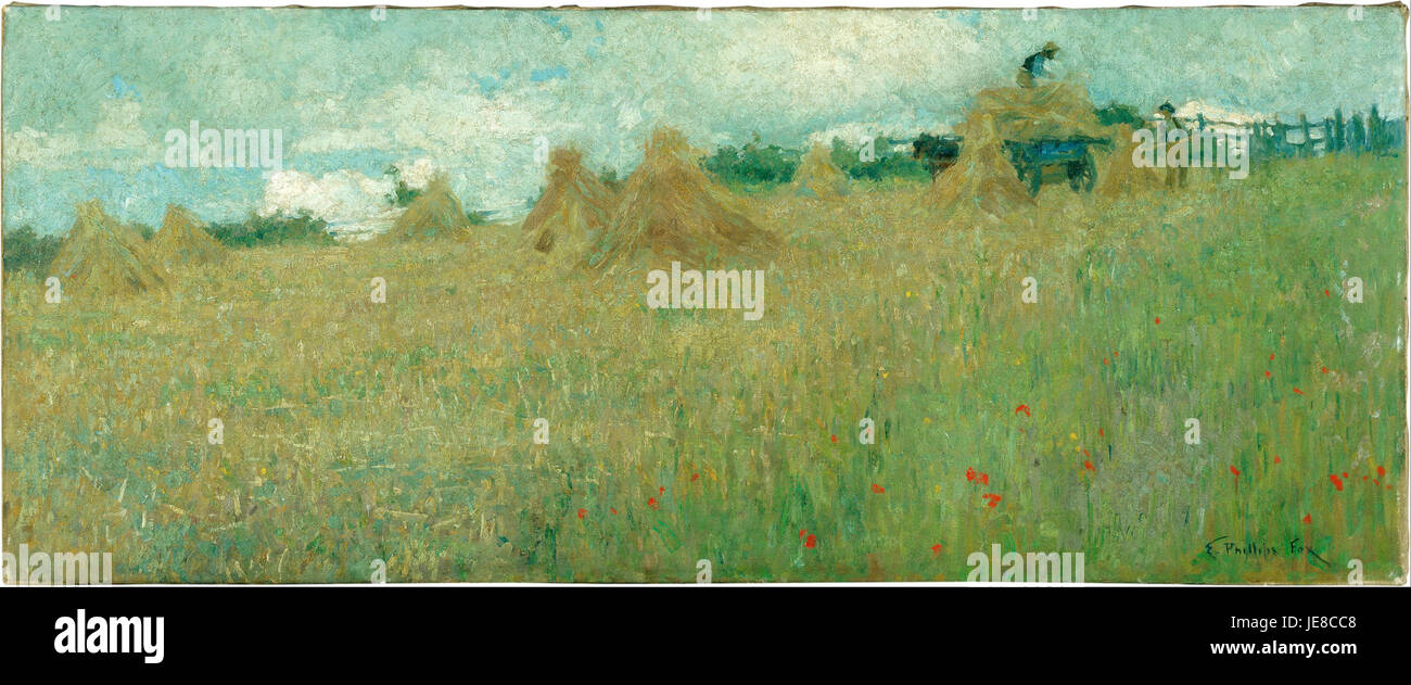 "Harvesting" di E. Phillips Fox è una rappresentazione della vita agricola, che illustra una scena del lavoro rurale nell'Australia dei primi anni del XX secolo. Il dipinto evidenzia il legame tra la natura e il lavoro umano. Foto Stock