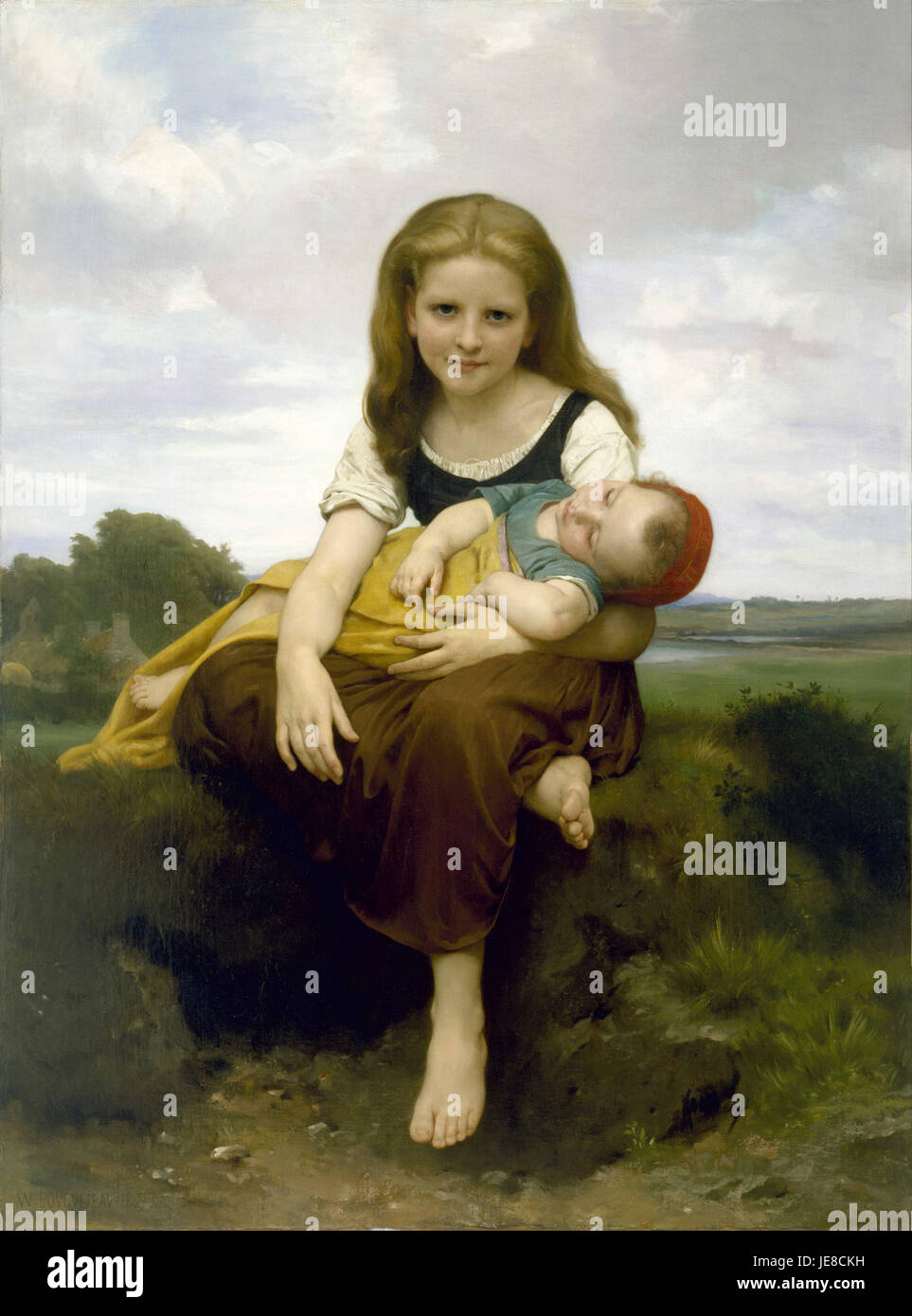 "La sorella maggiore" è un dipinto di William Bouguereau, che raffigura due giovani donne, concentrandosi sul legame tra le sorelle maggiori e più giovani, reso nello stile realistico caratteristico di Bouguereau. Foto Stock