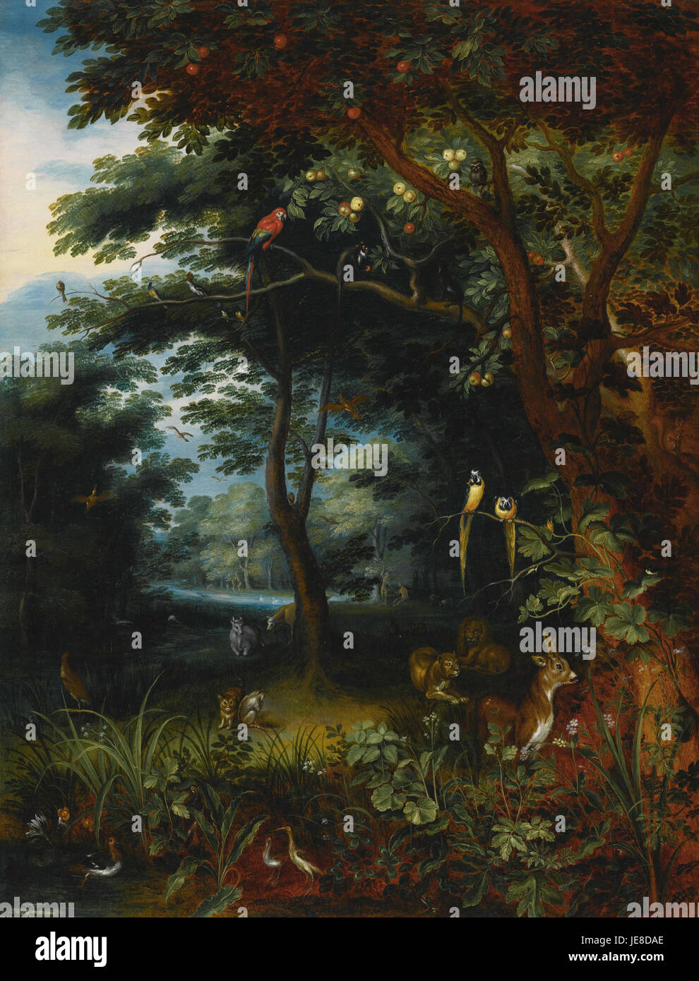 Questo dipinto, attribuito a Jan Breughel il giovane, raffigura il Giardino dell'Eden con due rappresentazioni di Adamo ed Eva, catturando la scena biblica in vividi dettagli. Foto Stock