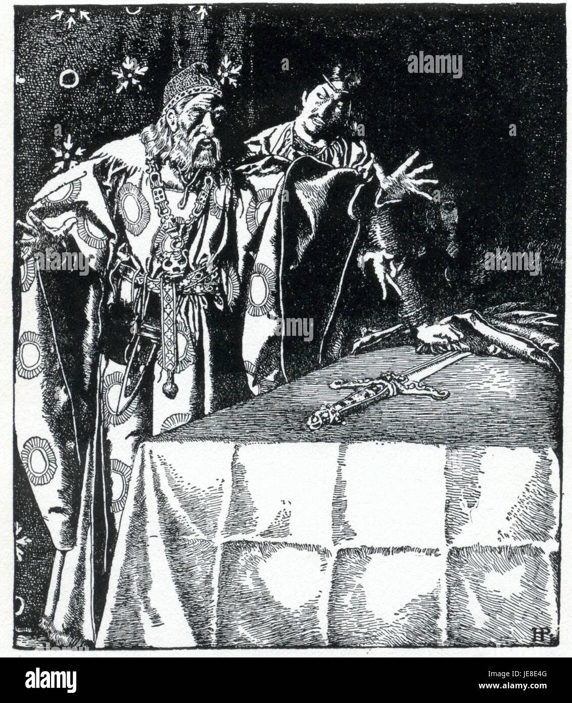 In questa scena tratta dalla leggenda arturiana, Sir Kay presenta la spada mistica a Sir Ector, a significare il momento della selezione di Artù come re. Il dipinto cattura il momento del riconoscimento e il ruolo leggendario della spada nella storia dell'ascesa al potere di Re Artù. Foto Stock