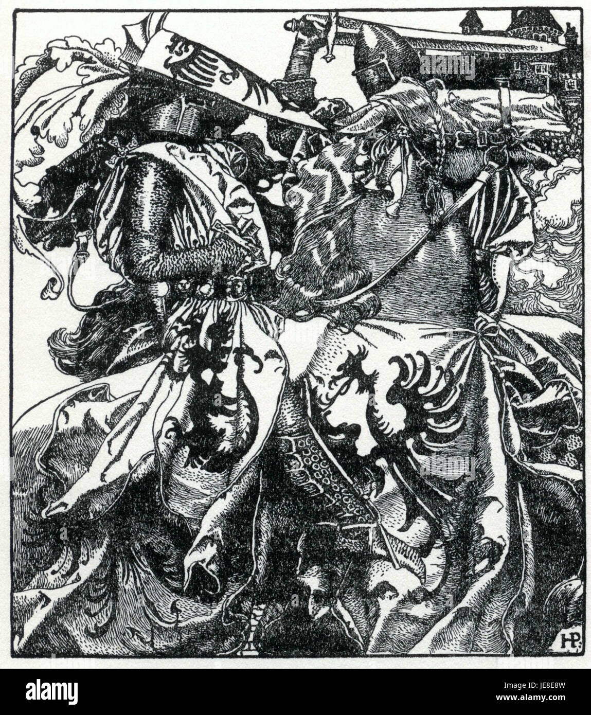 In questa scena di Arthur Pyle, Sir Kay, un cavaliere della leggenda arturiana, è raffigurato rompere la sua spada durante un torneo, un momento cruciale nel combattimento cavalleresco medievale. Foto Stock