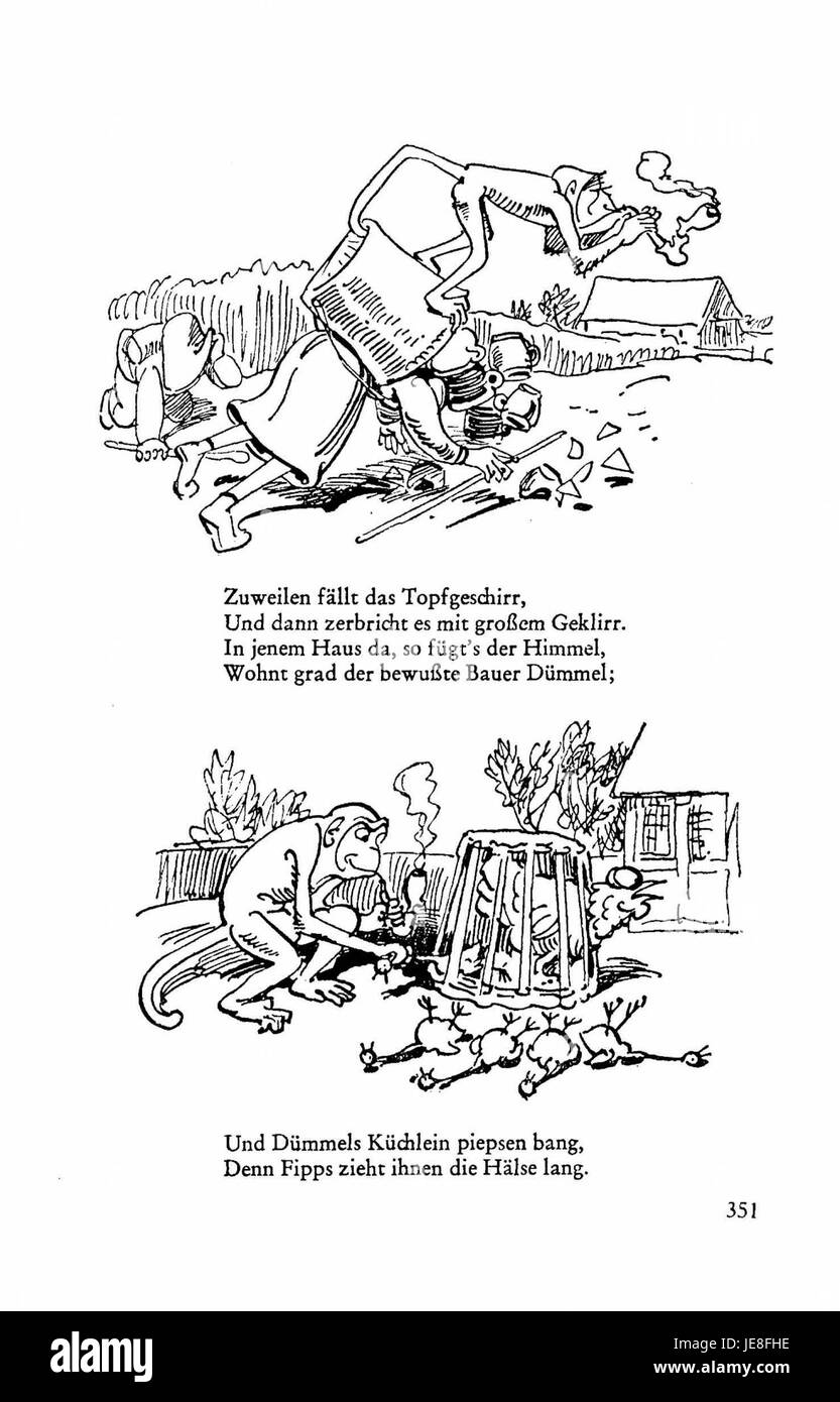 Una pagina di "Busch Werke", volume 3, che descrive vari aspetti della cultura e della storia tedesca. Questa pagina si concentra sui costumi e le pratiche sociali nella Germania del XIX secolo. Foto Stock