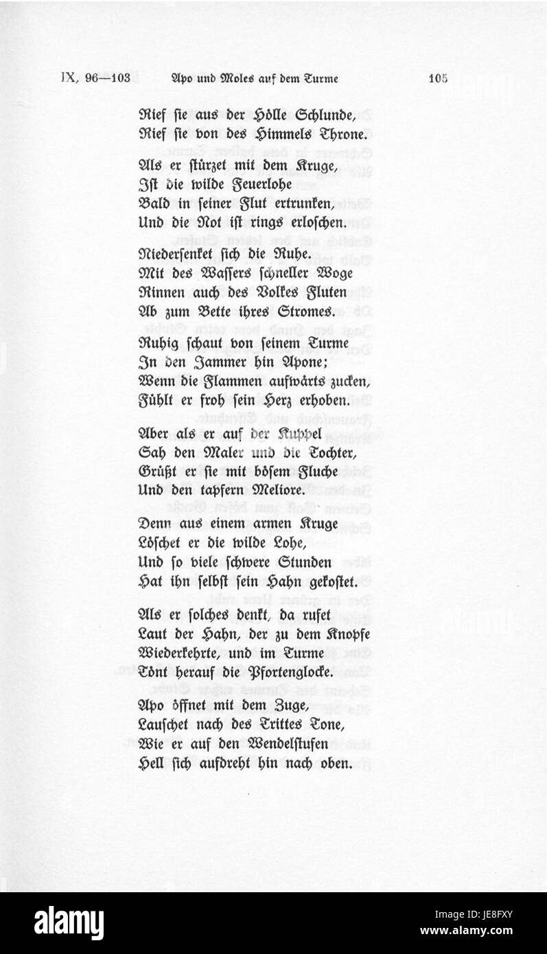 Romanzen vom Rosenkranz è una raccolta di poesie romantiche di Brentano. Questa particolare pagina, numero 105, presenta una narrazione romantica incentrata su temi di amore e devozione, esplorando profondità emotiva e connessione attraverso versi lirici. Foto Stock