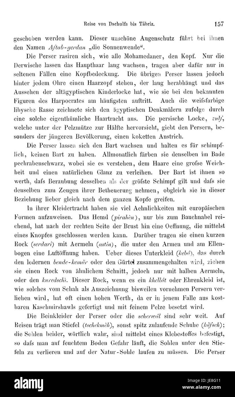 Pagina da 'Reise nach Persien' di Heinrich Brugsch, che descrive in dettaglio le sue esperienze di viaggio in Persia. L'immagine mostra il testo, offrendo approfondimenti sulle osservazioni dell'autore e sulle descrizioni della Persia durante il XIX secolo. Foto Stock