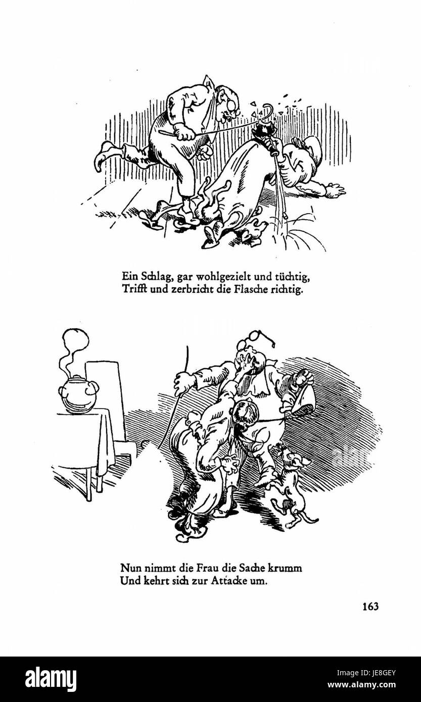 Una pagina del secondo volume di "Busch Werke", una raccolta di opere di Wilhelm Busch, il famoso artista tedesco noto per le sue illustrazioni umoristiche. Questo volume probabilmente mette in mostra i suoi schizzi o opere illustrate, contribuendo all'arte satirica tedesca. Foto Stock