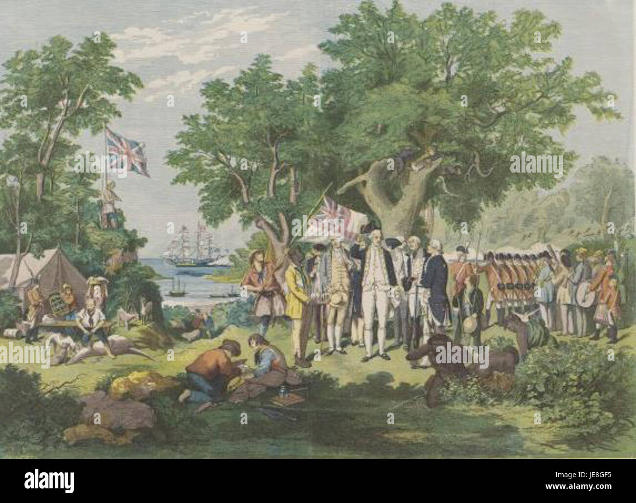 Una scena storica che raffigura l'arrivo del capitano James Cook a Possession Island durante il suo primo viaggio in Australia nel 1770. Questo momento segnò la prima rivendicazione europea sulla costa orientale dell'Australia, un evento significativo nella storia coloniale. Foto Stock