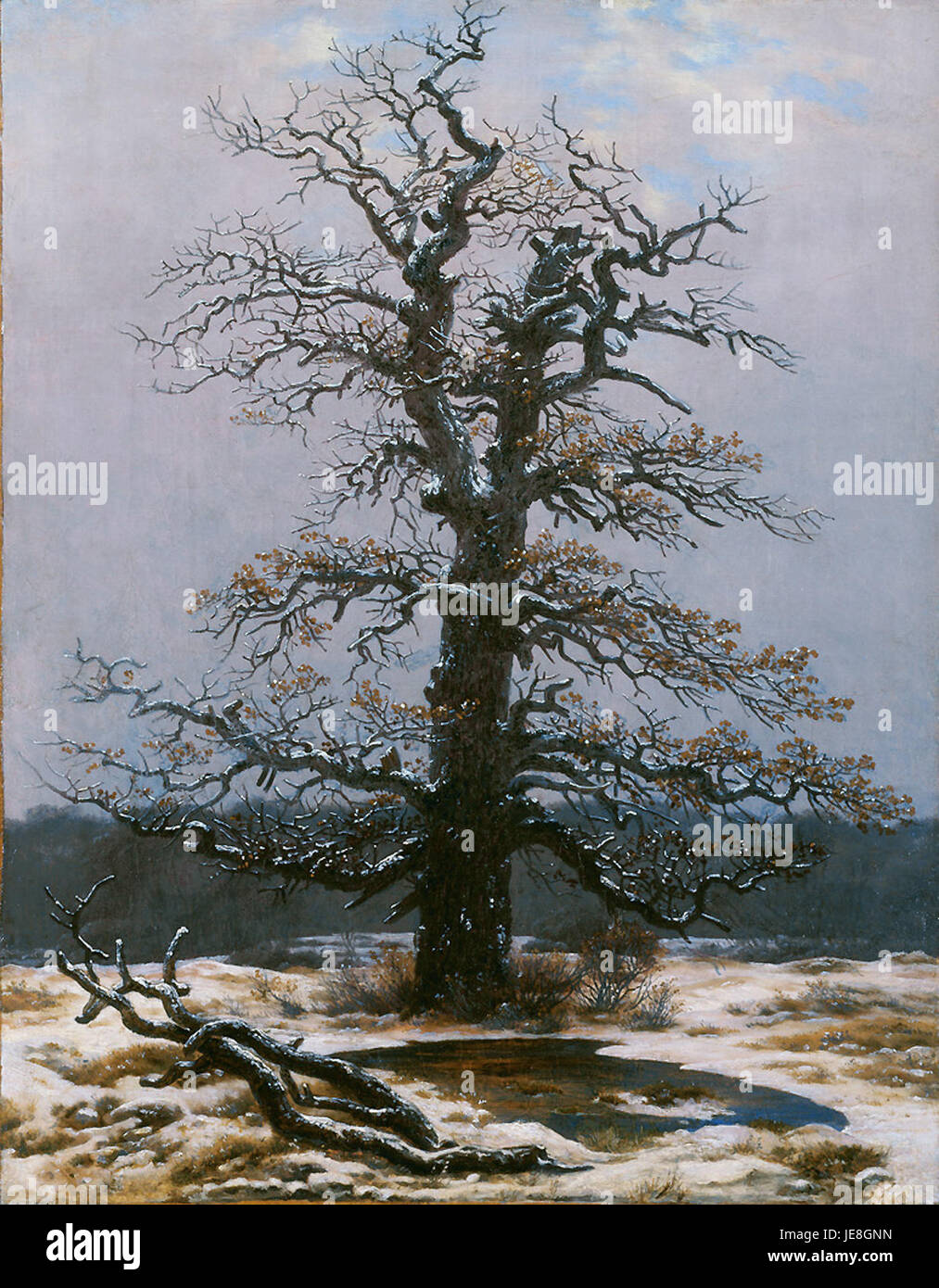 Un dipinto del 1820 di Caspar David Friedrich, *Eiche im Schnee*, raffigurante una quercia solitaria in piedi in un paesaggio innevato, che riflette lo stile romantico dell'artista e l'attenzione sull'impatto emotivo della natura. Foto Stock