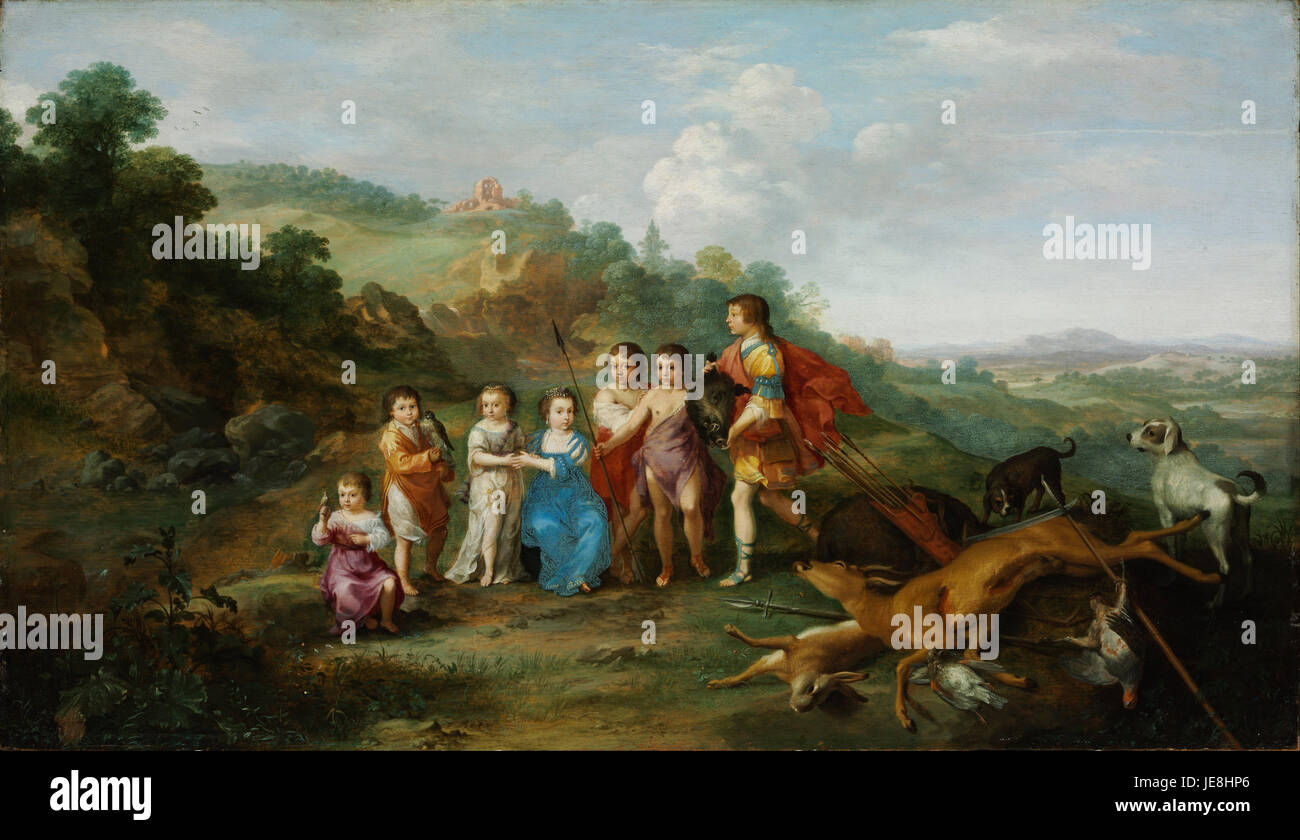 Cornelis van Poelenburgh's *i sette figli dell'inverno* è un'allegoria storica nell'arte visiva. Il dipinto raffigura temi del freddo, dell'isolamento e della lotta per la sopravvivenza in ambienti difficili. Foto Stock