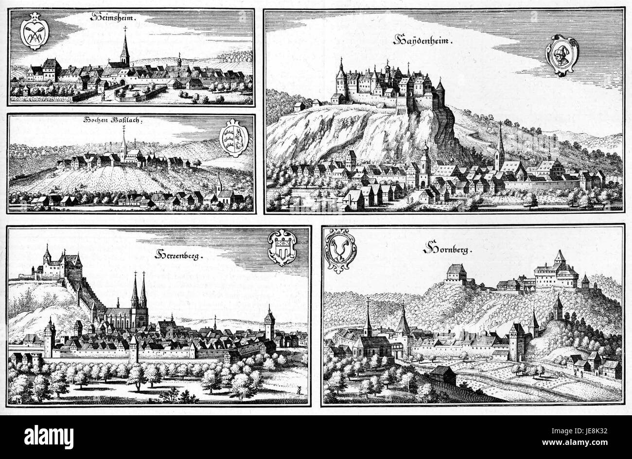 "De Merian Sueviae 129" si riferisce a un'opera dell'artista e cartografo Matthäus Merian, un incisore tedesco di origine svizzera noto per le sue dettagliate raffigurazioni di città e paesaggi. L'opera fornisce approfondimenti sulla topografia e sulla progettazione urbana dell'Europa del XVII secolo. Foto Stock