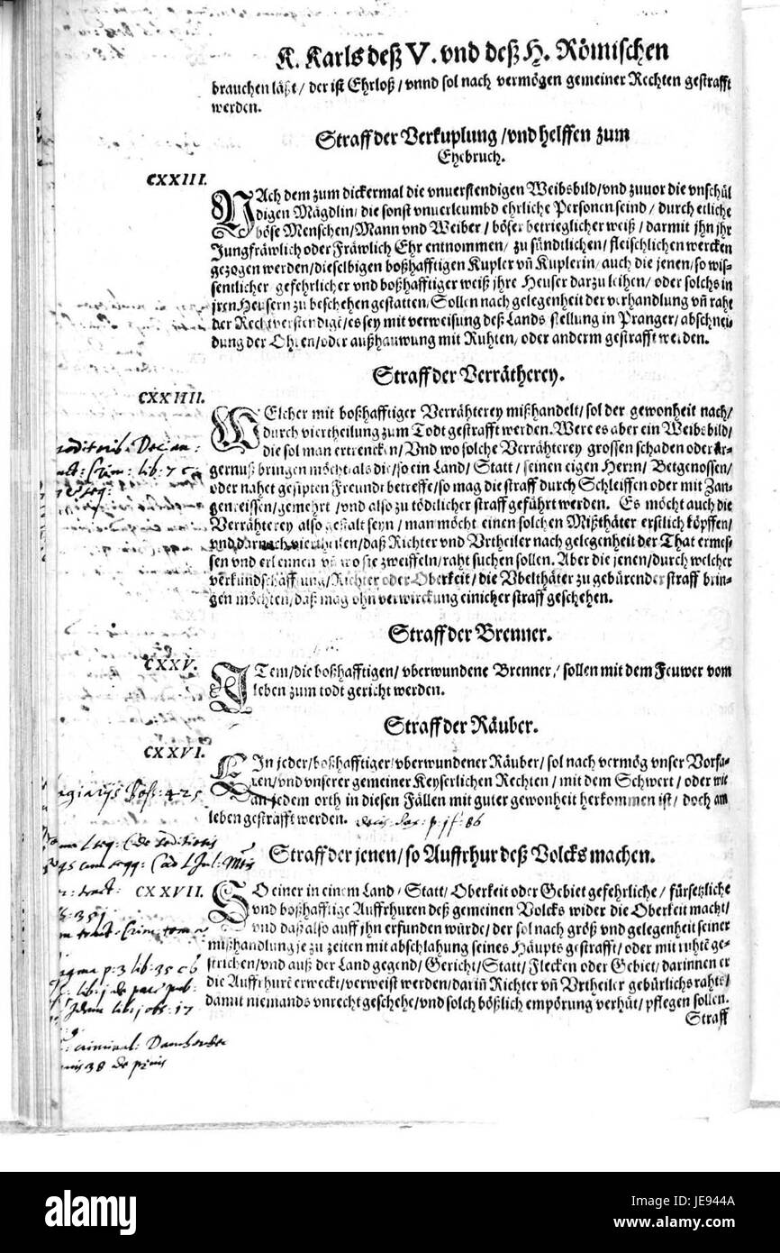 Il "De Constitutio Criminalis Carolina" è un documento legale significativo del 1577, che ha riformato il diritto penale nel Sacro Romano Impero. Stabilisce le linee guida per le procedure legali e le protezioni per gli imputati. Foto Stock