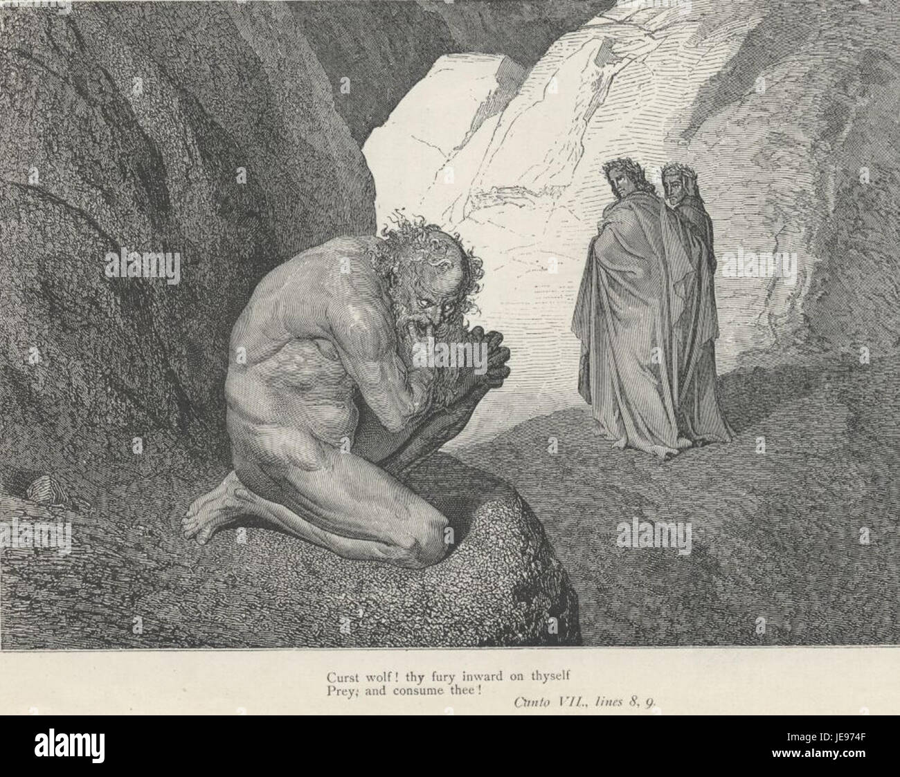 Nel canto 7 di Dante Alighieri 'Inferno', le righe 8-9 descrivono le anime avaristiche e prodighe, evidenziando la loro lotta eterna e le conseguenze del loro comportamento peccaminoso nel regno infernale. Foto Stock