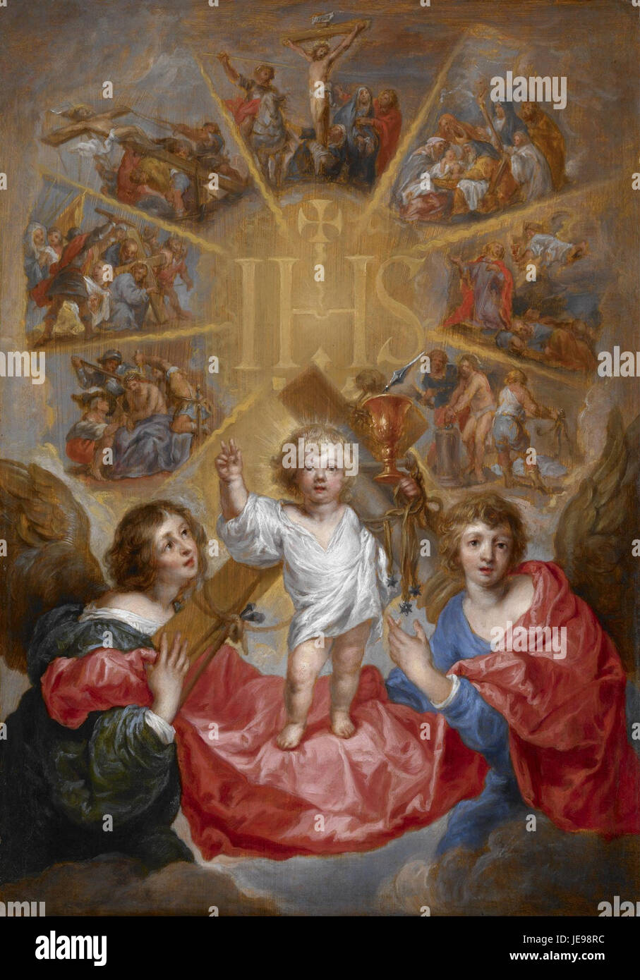 "La glorificazione del nome di Gesù" di Anthonis Sallaert raffigura una scena religiosa, incentrata sulla natura divina e sacra del nome di Gesù. L'opera enfatizza il significato spirituale e la riverenza associati a questa figura centrale nel cristianesimo. Foto Stock