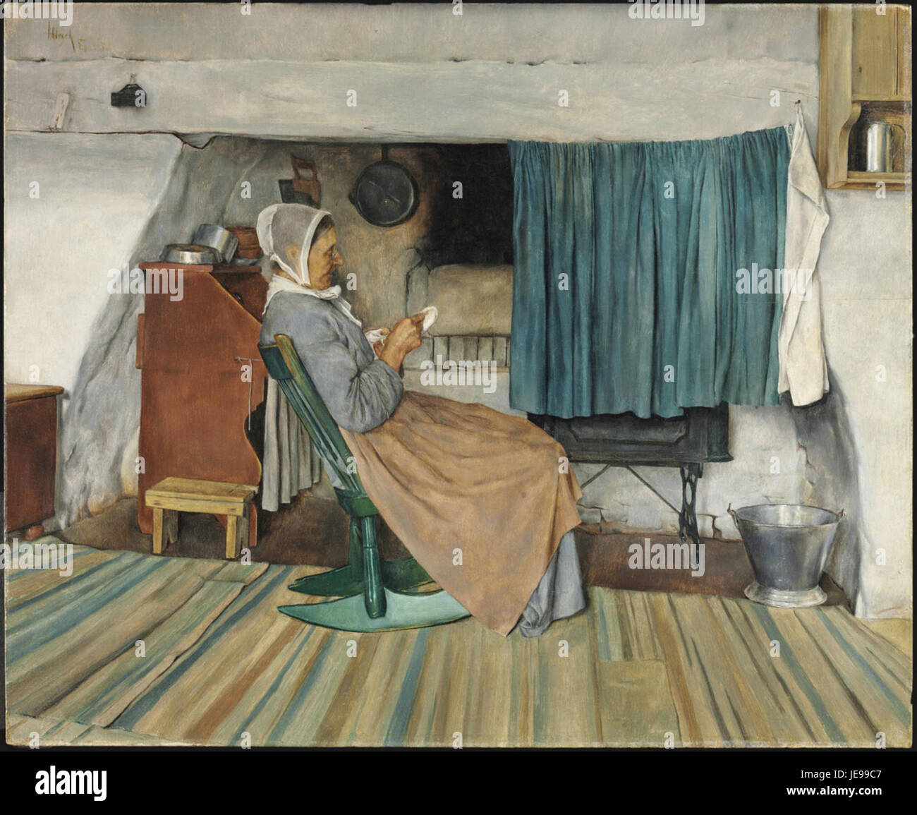 "An Old Fire-Place" di Charles Frederic Ulrich, creato nel 1882, raffigura un interno classico e rustico con un antico camino. Il dipinto mostra l'attenzione di Ulrich sulla vita di tutti i giorni, evidenziando texture e illuminazione. Foto Stock