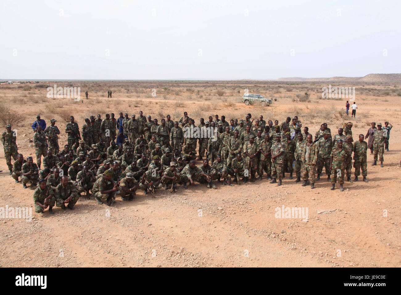Questa fotografia mostra l'arrivo delle truppe della forza di difesa Nazionale etiope (ENDF) a Belet Weyne, in Somalia, il 13 febbraio 2014. Le truppe fanno parte di una missione di pace dell'Unione africana, volta a fornire sicurezza e sostenere la governance locale. Foto Stock
