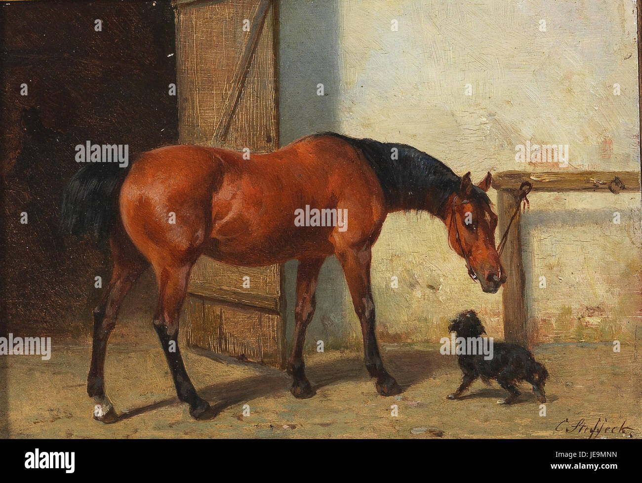 Questa opera d'arte di Carl Steffeck intitolata "Ein guter Freund" (Un buon amico) raffigura una scena di amicizia sentita. Il dipinto evidenzia la connessione emotiva tra due individui, sottolineando il tema della compagnia e della fiducia. L'uso del colore e della composizione di Steffeck trasmette efficacemente il legame intimo e la fiducia che definisce l'amicizia. Foto Stock