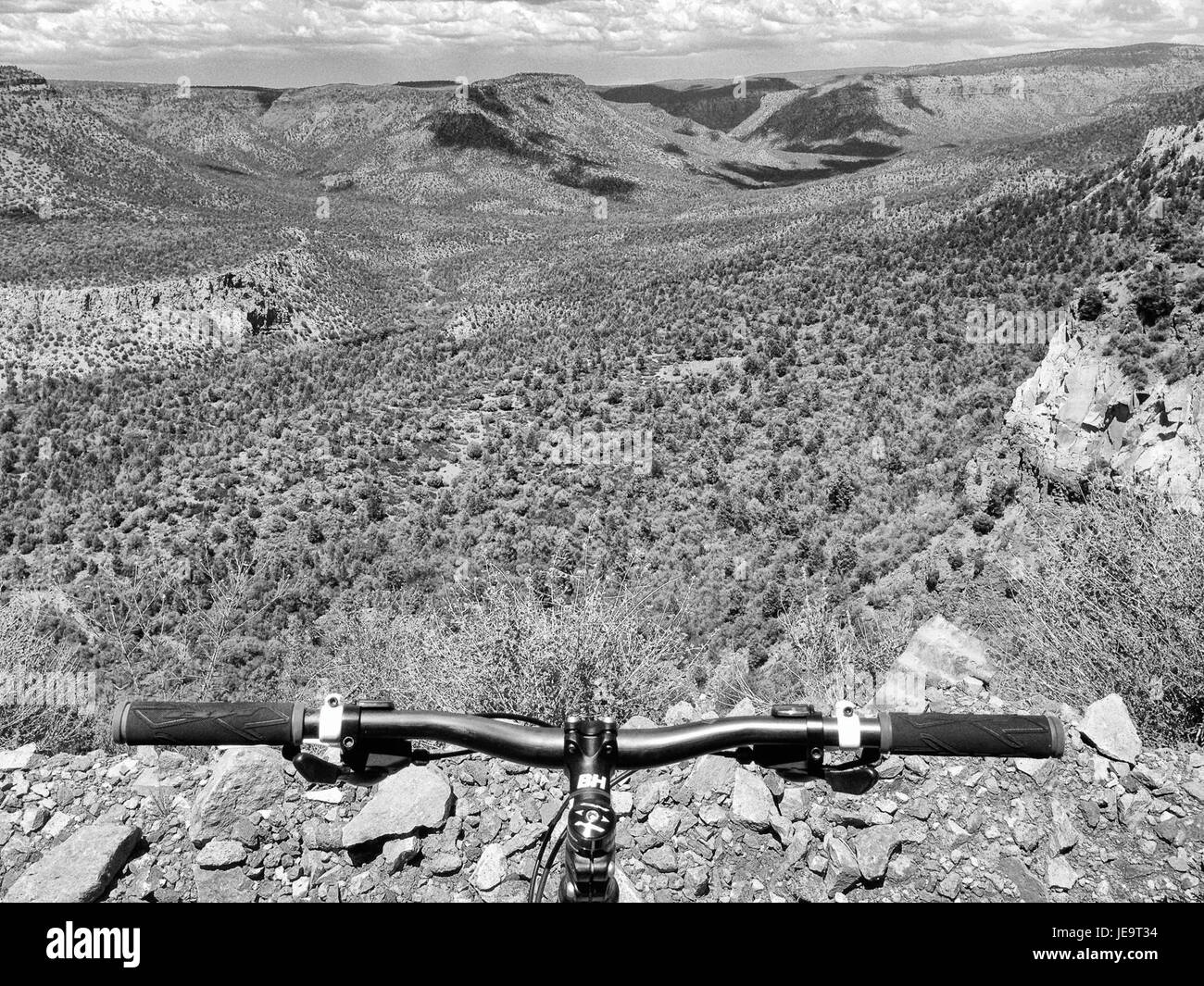 Questa immagine mostra un individuo a mezz'aria, pronto a saltare sopra il Fossil Creek Canyon. La fotografia cattura un momento drammatico di attività fisica in un paesaggio naturale, sottolineando sia l'azione che l'ambiente circostante. Foto Stock