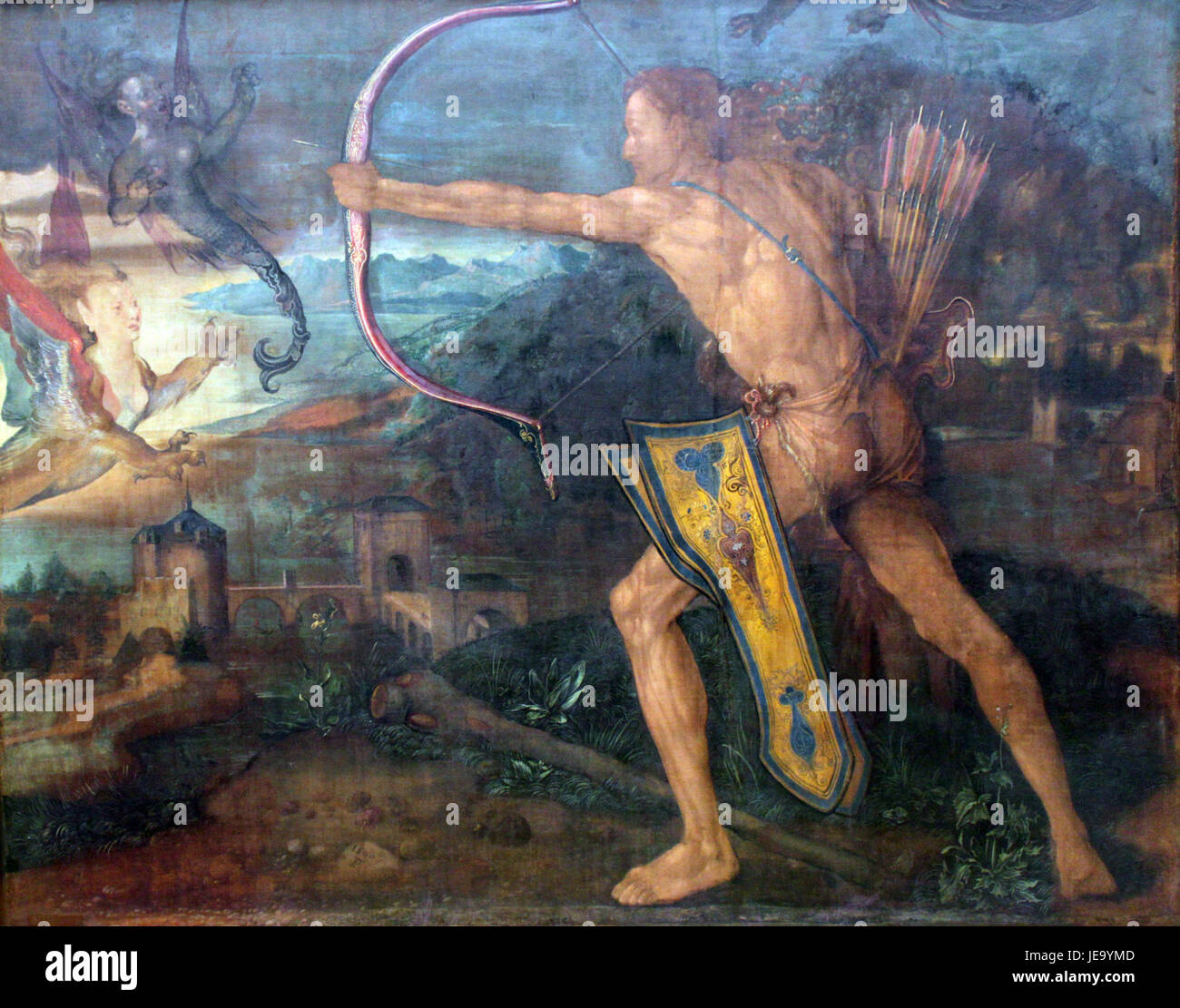 Un'incisione di Albrecht Dürer del 1500, intitolata "Ercole che combatte gli uccelli della Stifalia", raffigurante il mitico eroe impegnato in una delle sue dodici fatiche, con dettagli intricati e classico stile rinascimentale. Foto Stock