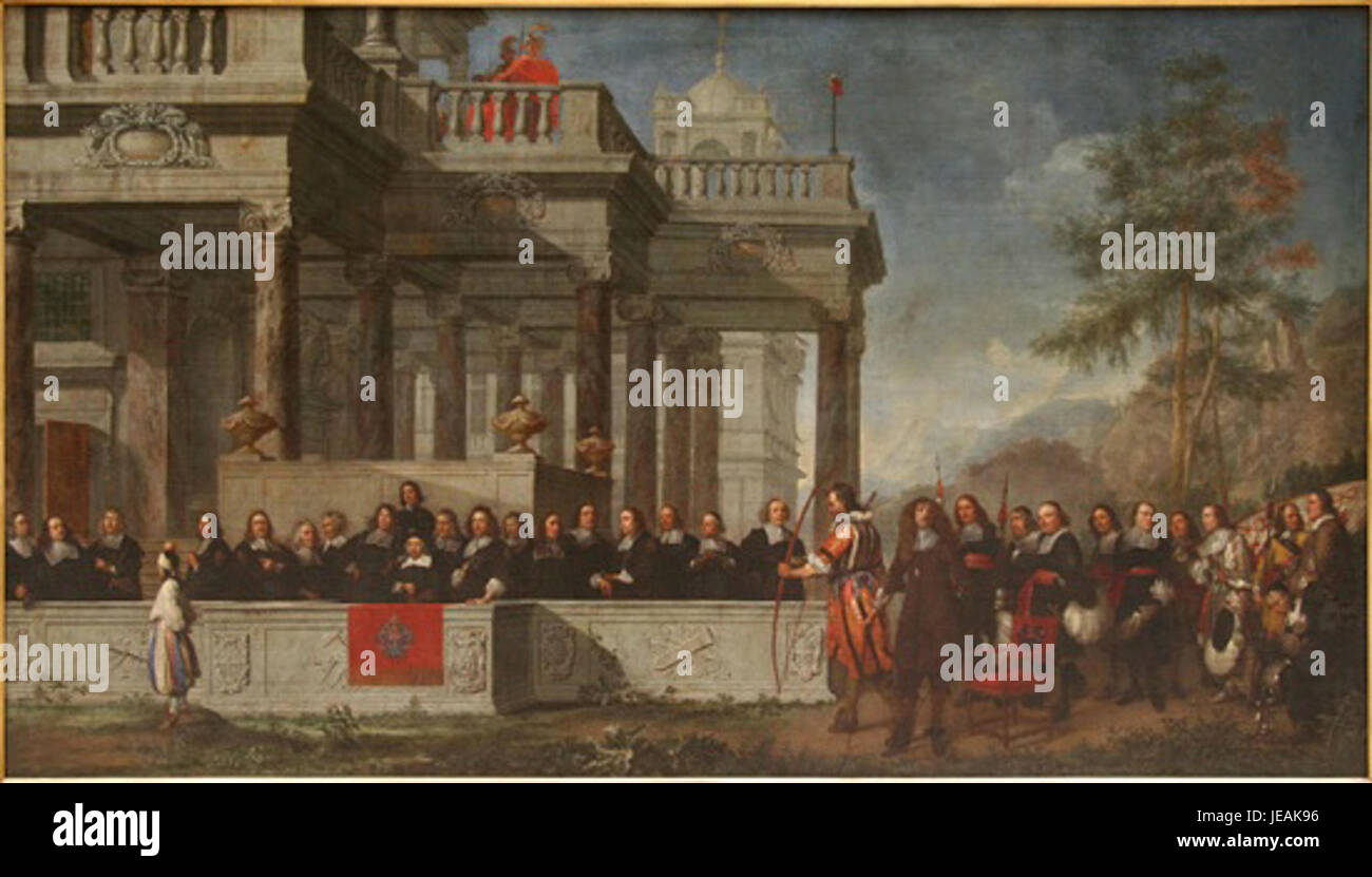 Questa opera d'arte di Karel-Emmanuel Biset raffigura la leggendaria storia di Willem Tell, un eroe del folklore svizzero. Presenta scene della narrazione popolare, enfatizzando i momenti drammatici della storia. Foto Stock