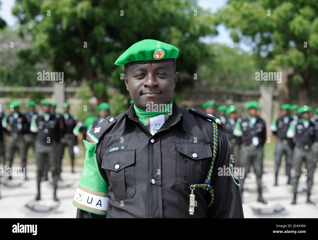 Questa immagine cattura una cerimonia di medaglia tenutasi il 5 dicembre 2014 in Nigeria, riconoscendo gli sforzi della Nigeria Forformed Police Unit (FPU) per il loro contributo al mantenimento della pace e alla sicurezza. Foto Stock