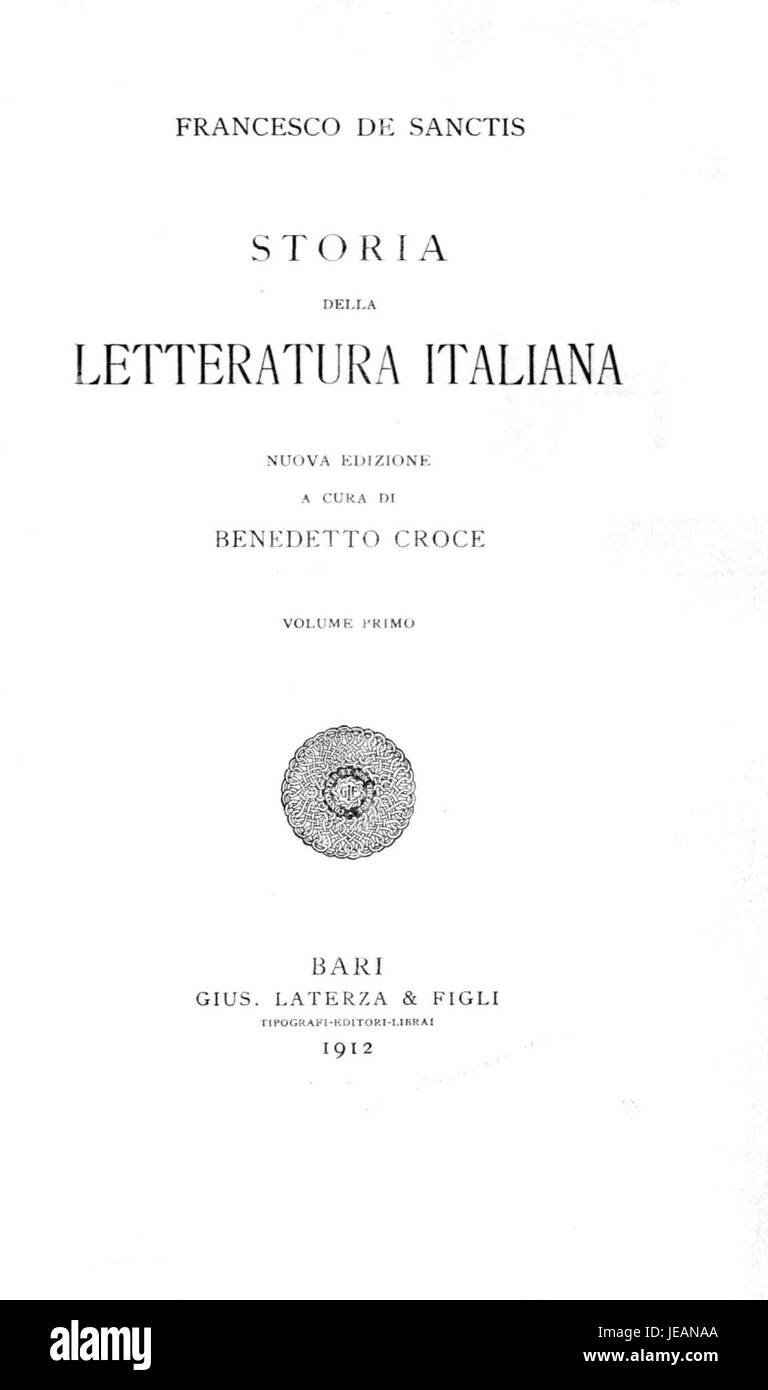 "Storia della letteratura italiana" di De Sanctis è un'opera completa sulla letteratura italiana, che copre il suo sviluppo dalle sue origini al XIX secolo, pubblicata nel 1912. Foto Stock
