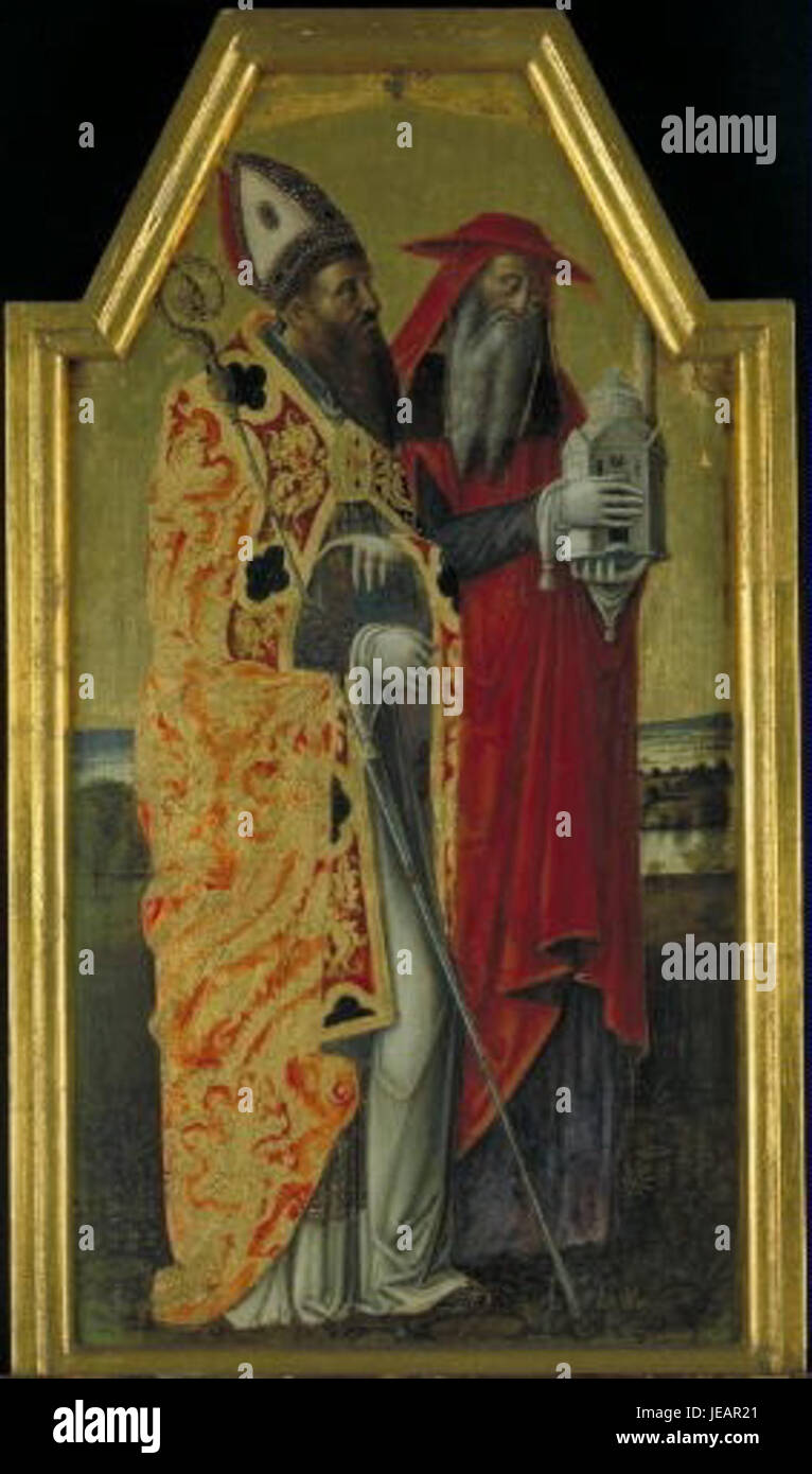 Questo trittico di da Quirizio presenta la Madonna dell'umiltà fiancheggiata da Sant'Agostino e San Girolamo. Il pannello centrale ritrae la Madonna seduta a terra, incarnando umiltà, con i santi raffigurati in abiti tradizionali. L'opera esemplifica l'arte religiosa rinascimentale, enfatizzando la pietà e le virtù accademiche. Foto Stock Questo trittico di da Quirizio presenta la Madonna dell'umiltà fiancheggiata da Sant'Agostino e San Girolamo. Il pannello centrale ritrae la Madonna seduta a terra, incarnando umiltà, con i santi raffigurati in abiti tradizionali. L'opera esemplifica l'arte religiosa rinascimentale, enfatizzando la pietà e le virtù accademiche. Foto Stock