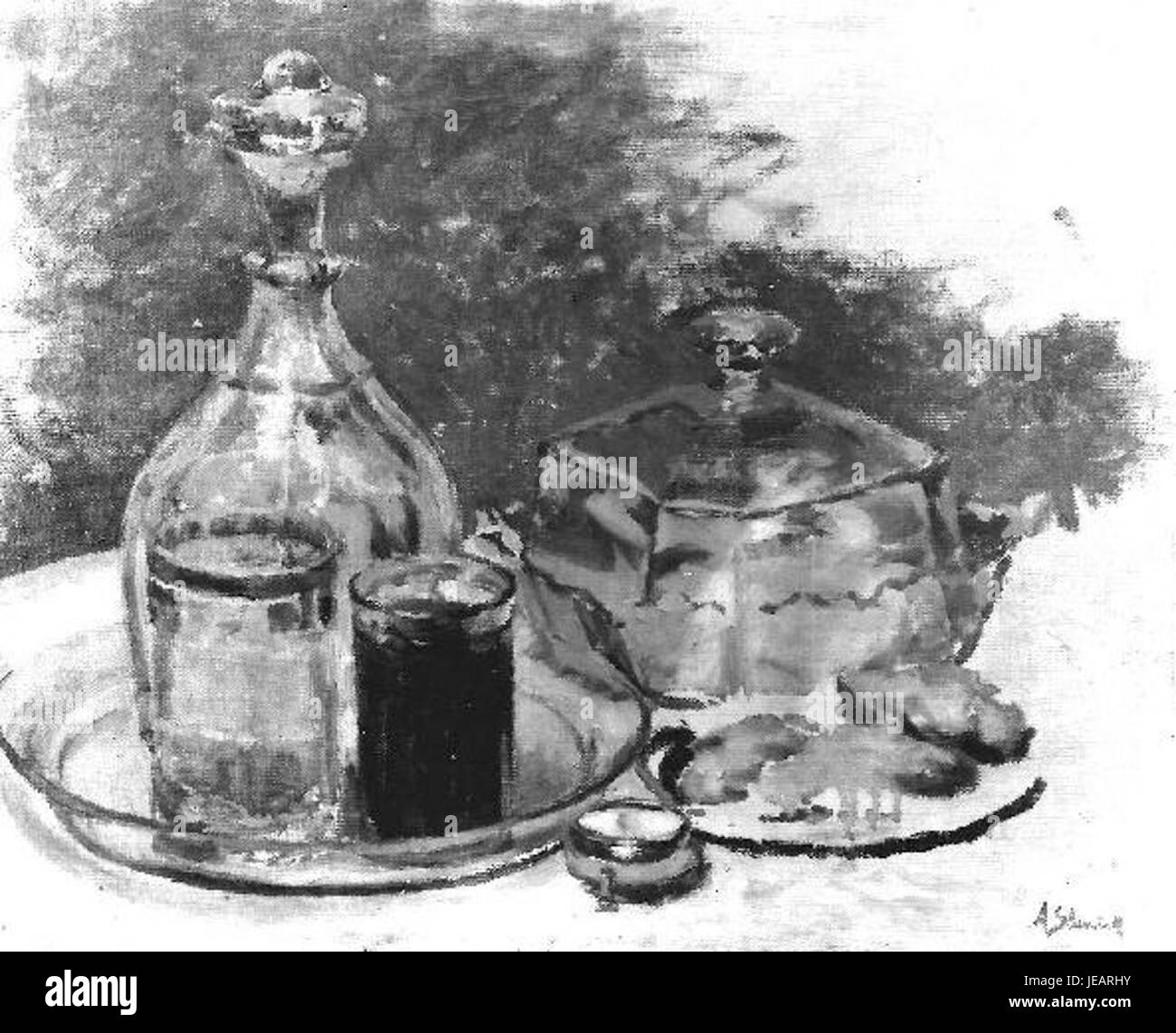 Un dipinto di Antonin Slavicek, creato tra il 16 maggio 1870 e il 1 febbraio 1910, raffigurante una natura morta con un bicchiere di vino, che mostra l'abilità dell'artista nel catturare con dettaglio e profondità oggetti semplici e di uso quotidiano. Foto Stock