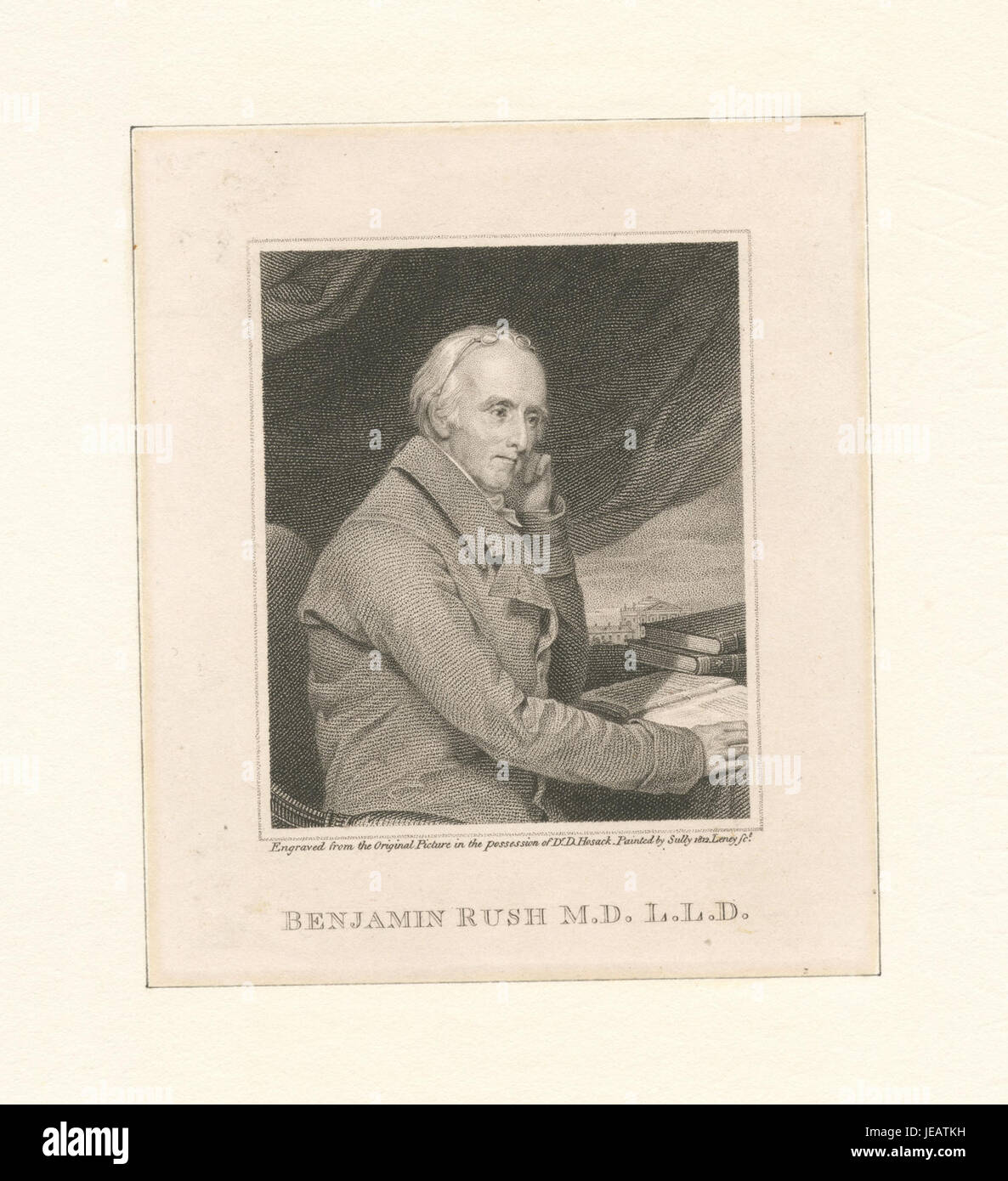 Un ritratto di Benjamin Rush, M.D., LL.D., un influente medico americano e padre fondatore. Noto per i suoi contributi all'educazione medica e alla salute pubblica, ha svolto un ruolo significativo nello sviluppo del campo medico americano. Foto Stock