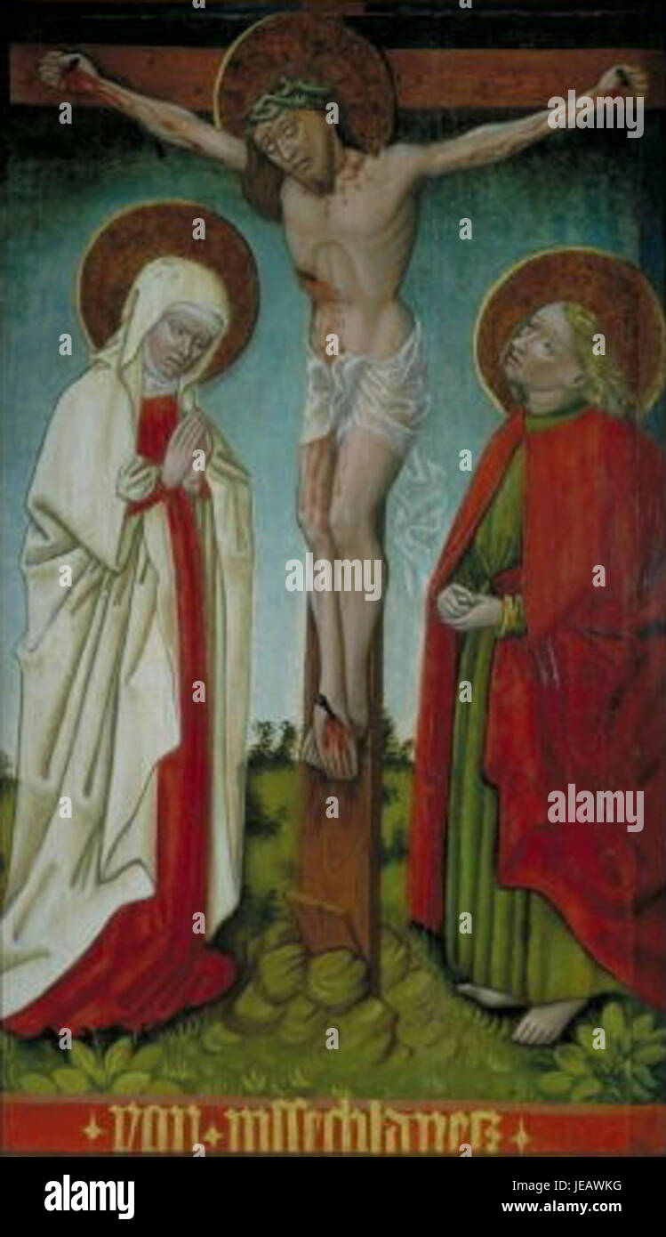 "Ukrizovani Votivni obraz pana z Vsechlap" è un dipinto votivo religioso che raffigura la crocifissione di Cristo. L'opera, di un artista anonimo, è una rappresentazione della fede cristiana e una forma comune di devozione nella Boemia storica. Il dipinto riflette lo stile artistico e la cultura religiosa del tempo. Foto Stock
