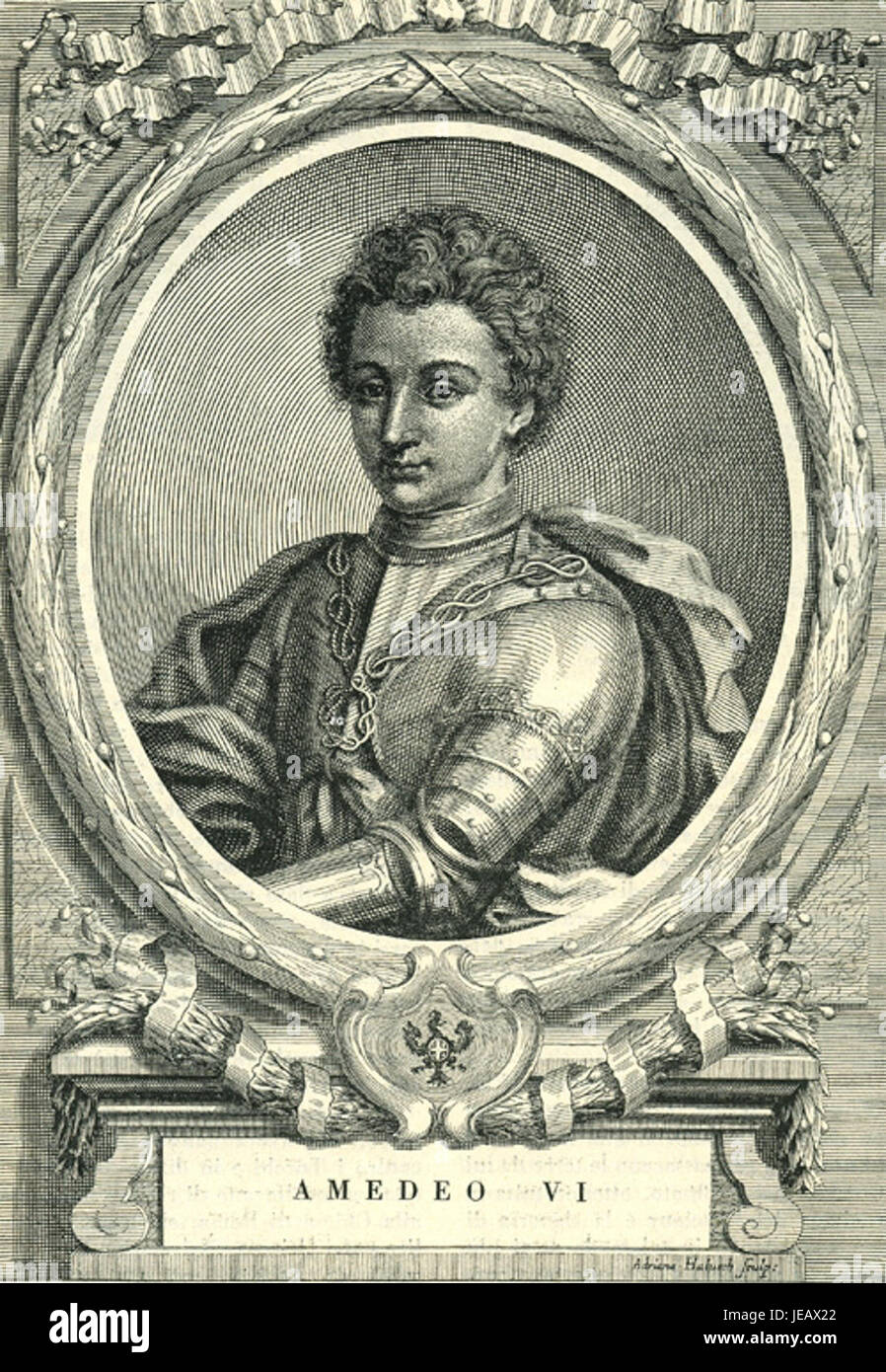 Amedeo vi di Savoia, noto anche come conte di Savoia, fu un nobile del XIV secolo che giocò un ruolo fondamentale negli affari politici e militari della regione. Il suo regno fu segnato dagli sforzi per rafforzare l'influenza della sua famiglia nei territori italiani e mantenere il controllo sulla regione sabauda. Foto Stock