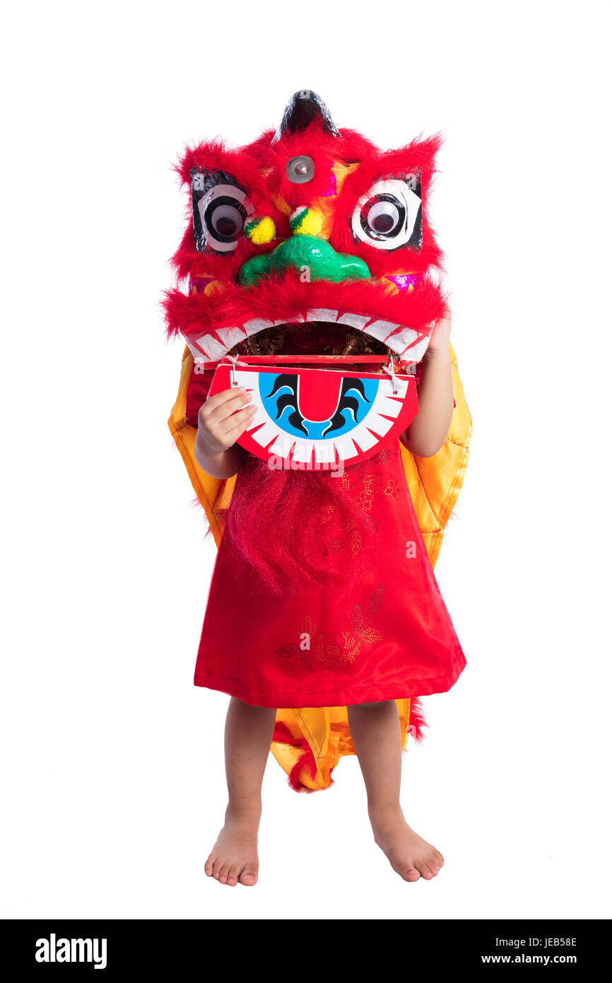 Cinese asiatici bambina con la danza del Leone di costume per